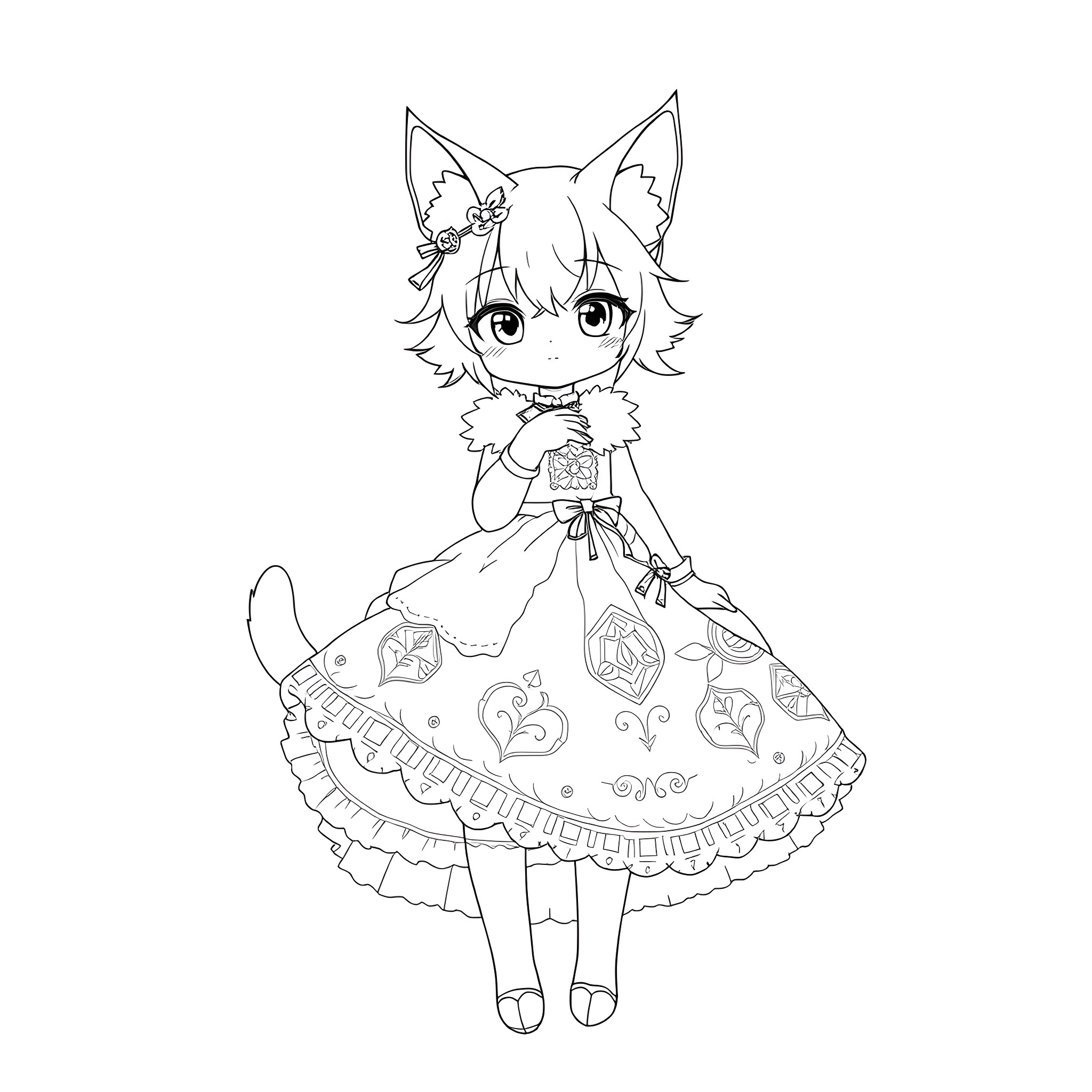 Cat Girl in Cute Anime Dress Coloring Page (free black-and-white line drawing printable PDF for all, from beginners to advanced learners, including children, teens, adults, and seniors)