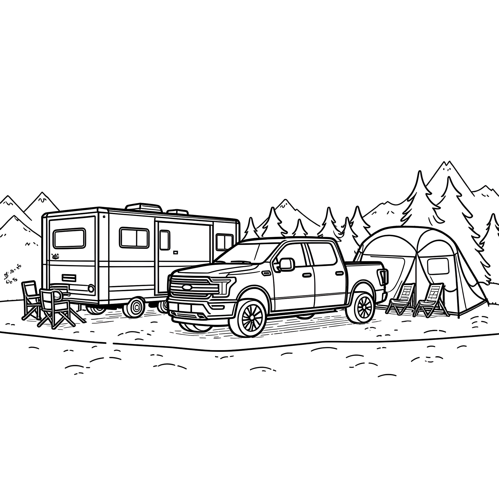 Pickup Truck and Camper in Outdoor Adventure Coloring Page (free black-and-white line drawing printable PDF for all, from beginners to advanced learners, including children, teens, adults, and seniors)