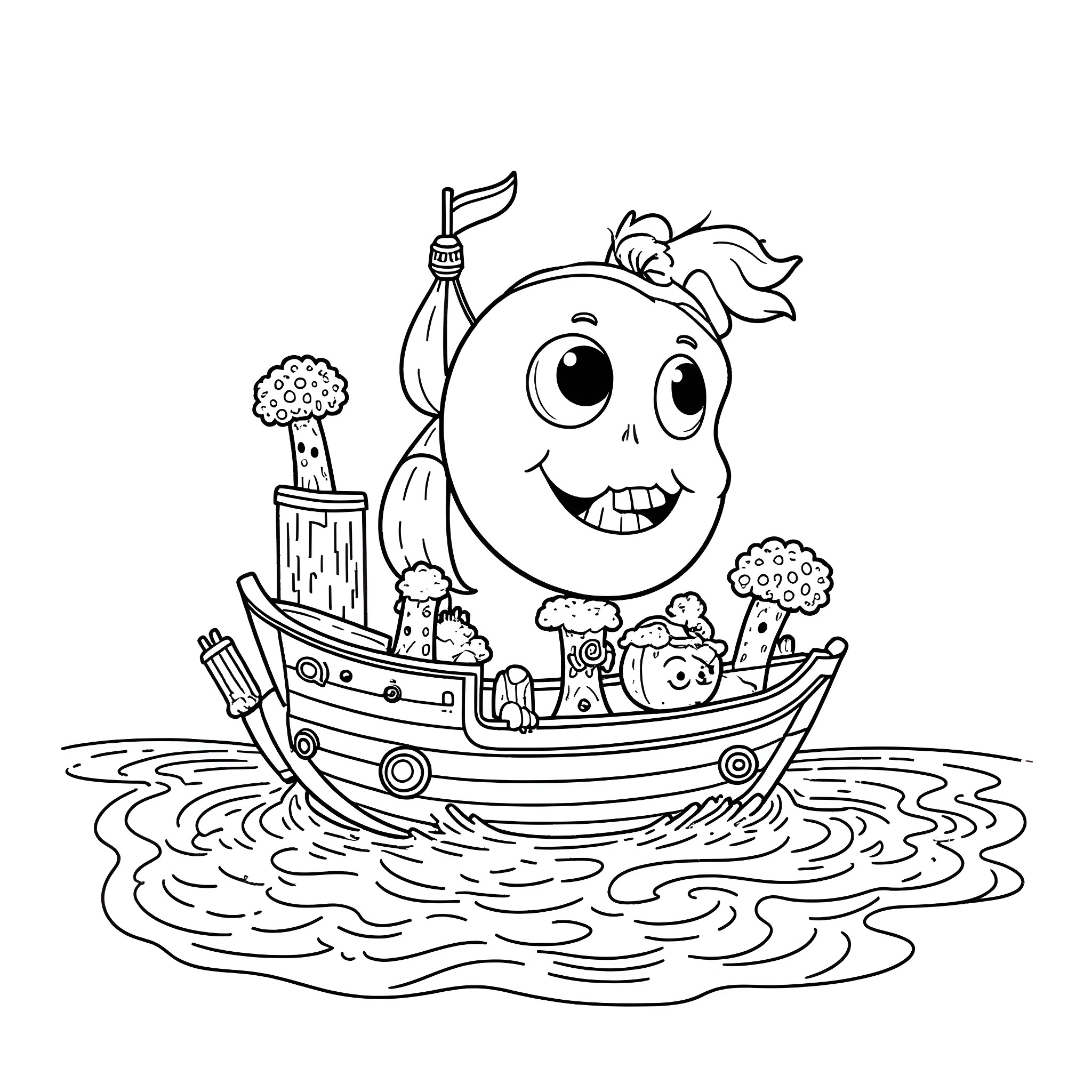 Lemon sailing happily on a ship Coloring Page (free black-and-white line drawing printable PDF for all, from beginners to advanced learners, including children, teens, adults, and seniors)