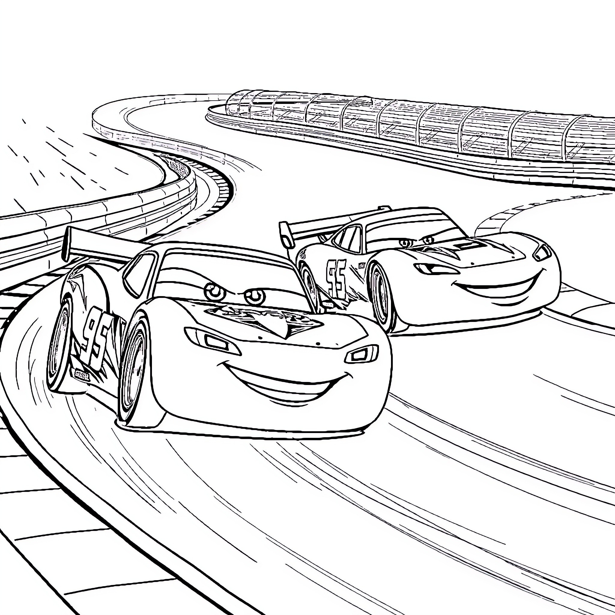 Lightning McQueen racing on the track with friends Coloring Page (free black-and-white line drawing printable PDF for all, from beginners to advanced learners, including children, teens, adults, and seniors)