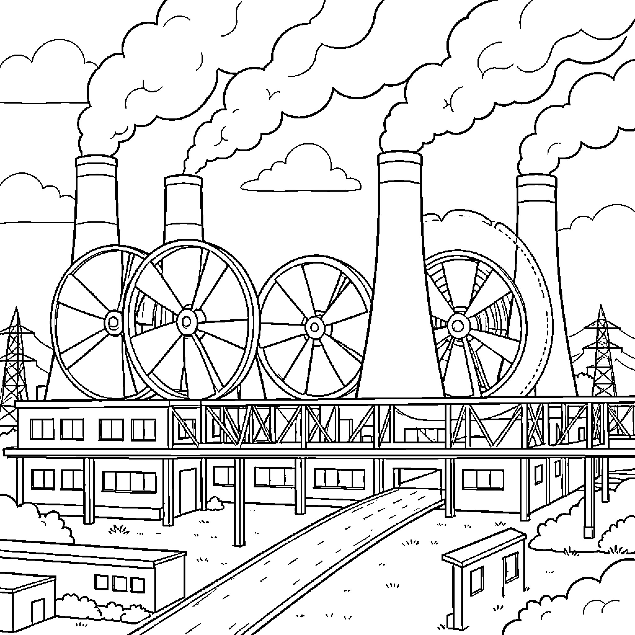 Electricity Generation in an Industrial Setting Coloring Page (free black-and-white line drawing printable PDF for all, from beginners to advanced learners, including children, teens, adults, and seniors)