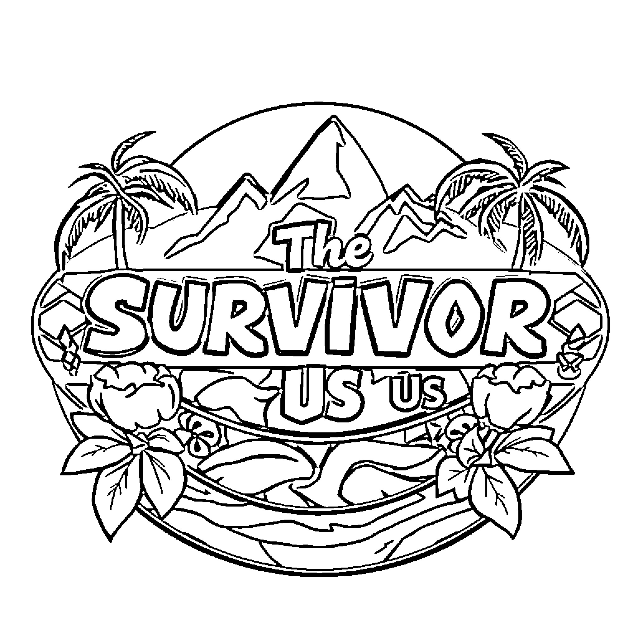 Survivor US US: Tropical Exploration and Triumph Coloring Page (free black-and-white line drawing printable PDF for all, from beginners to advanced learners, including children, teens, adults, and seniors)