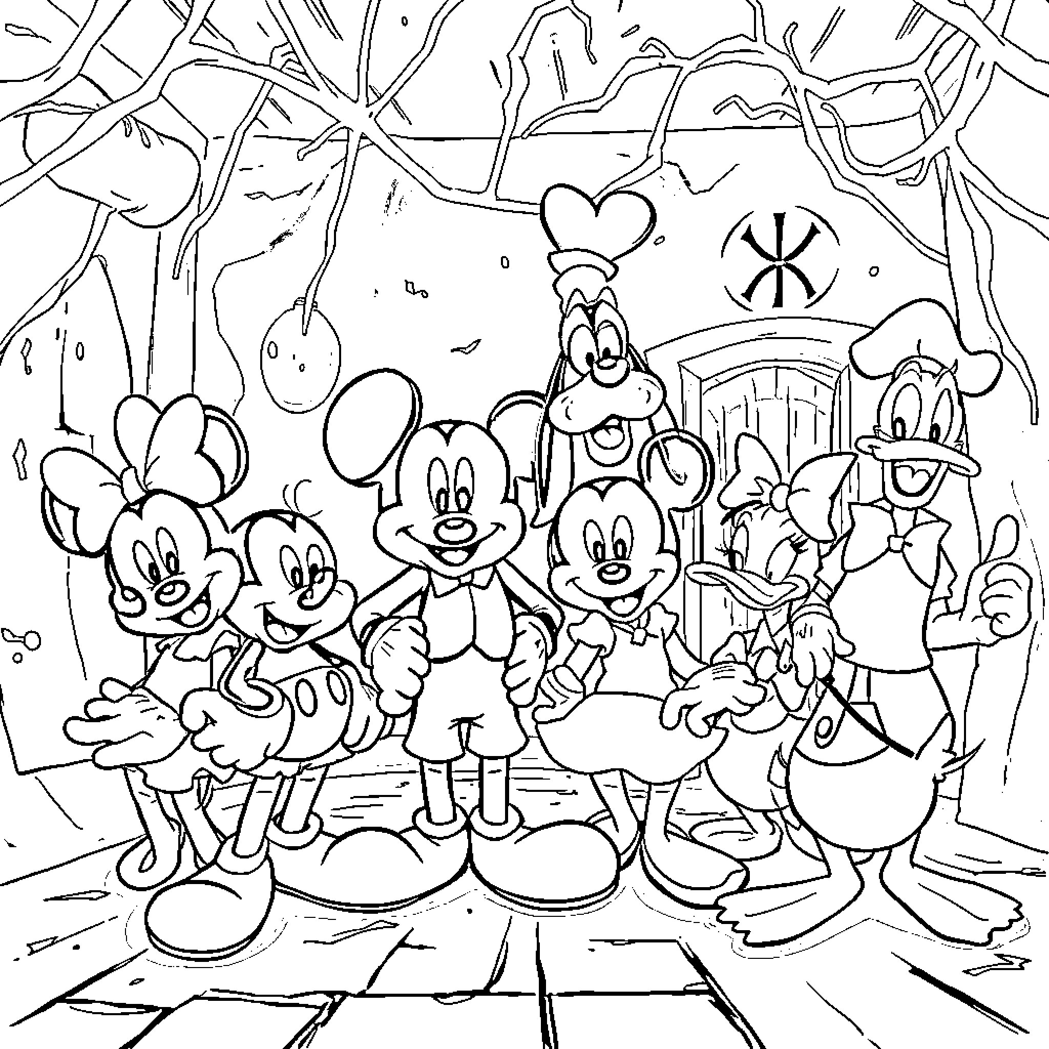 Mickey Mouse and Friends on an Adventure Coloring Page (free black-and-white line drawing printable PDF for all, from beginners to advanced learners, including children, teens, adults, and seniors)