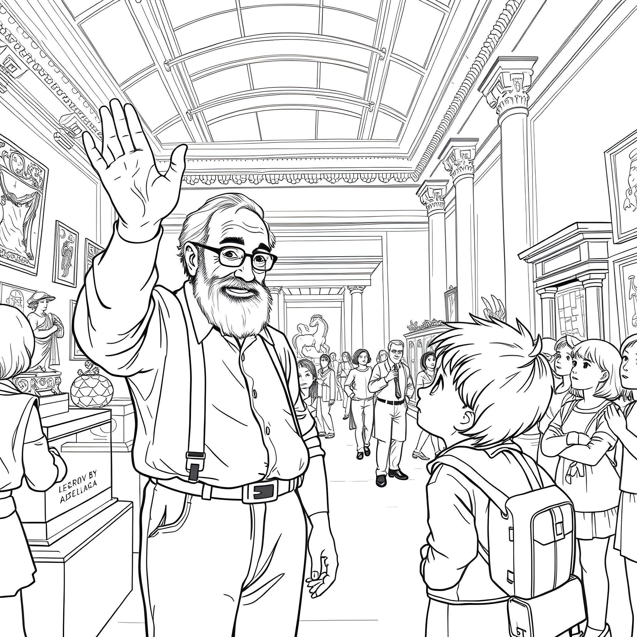 Gary's friendly greeting at the museum Coloring Page (free black-and-white line drawing printable PDF for all, from beginners to advanced learners, including children, teens, adults, and seniors)