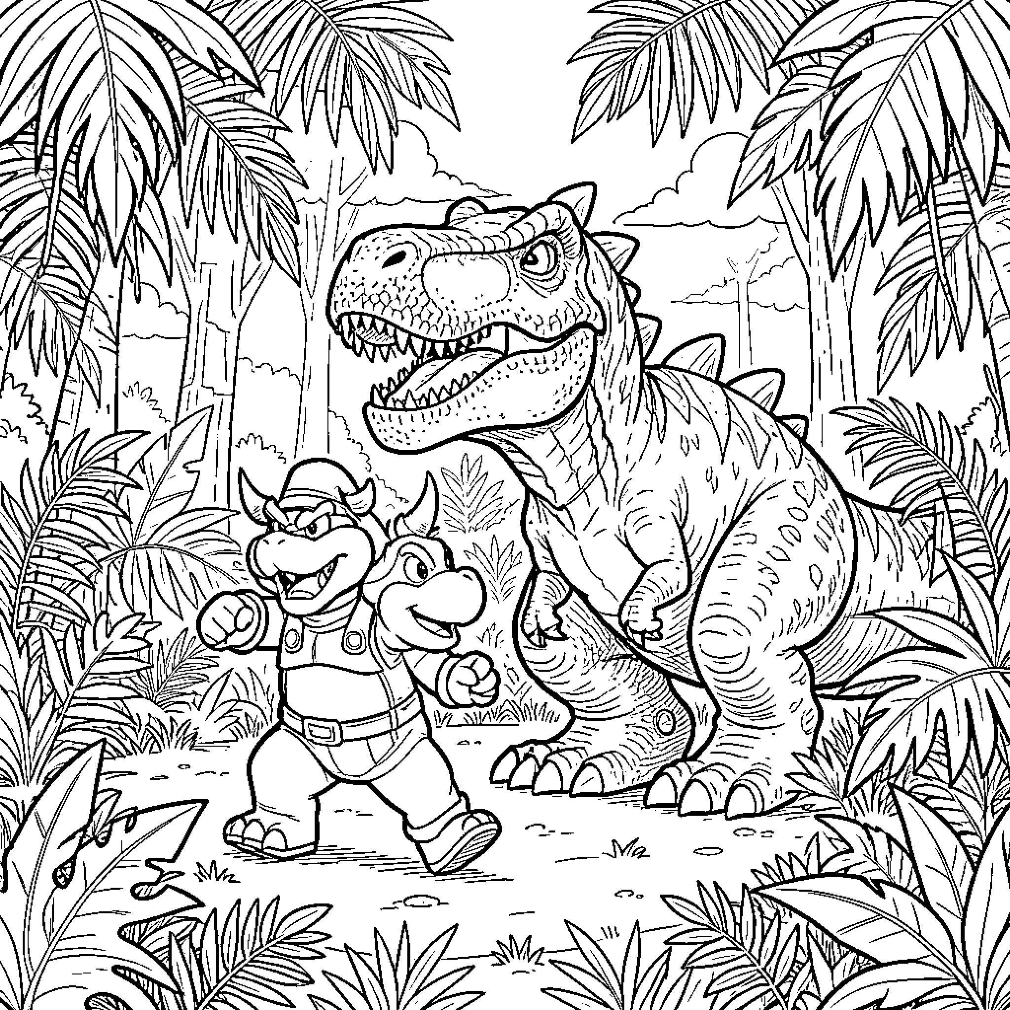 Bowser Jr walking alongside a large dinosaur in a jungle Coloring Page (free black-and-white line drawing printable PDF for all, from beginners to advanced learners, including children, teens, adults, and seniors)
