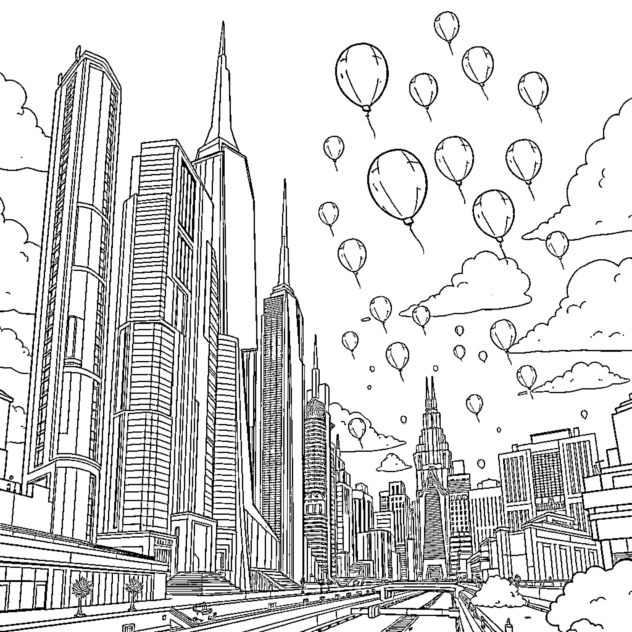 City skyline with soaring skyscrapers and floating balloons Coloring Page (free black-and-white line drawing printable PDF for all, from beginners to advanced learners, including children, teens, adults, and seniors)