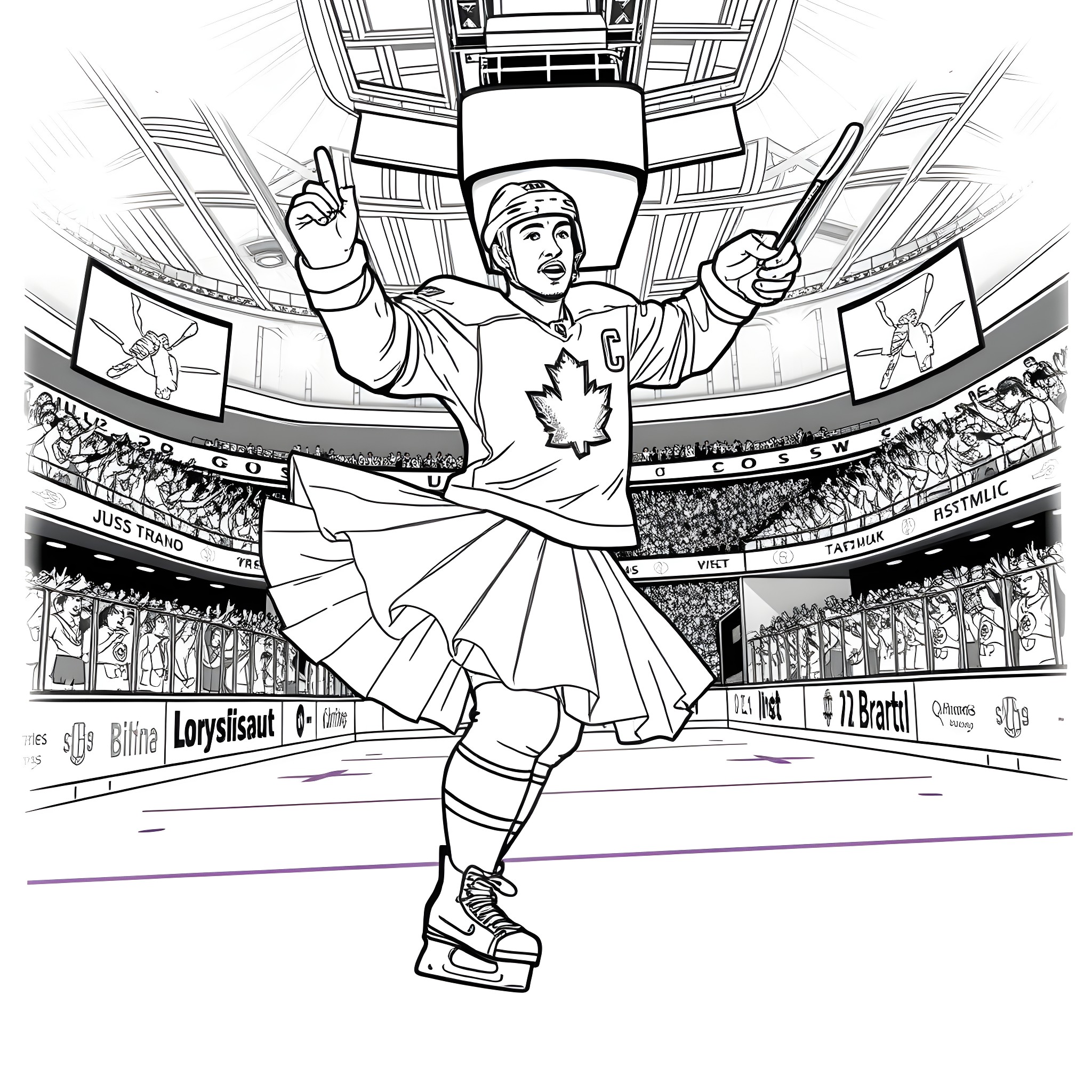 Leon Draisaitl celebrating hockey victory in stadium Coloring Page (free black-and-white line drawing printable PDF for all, from beginners to advanced learners, including children, teens, adults, and seniors)
