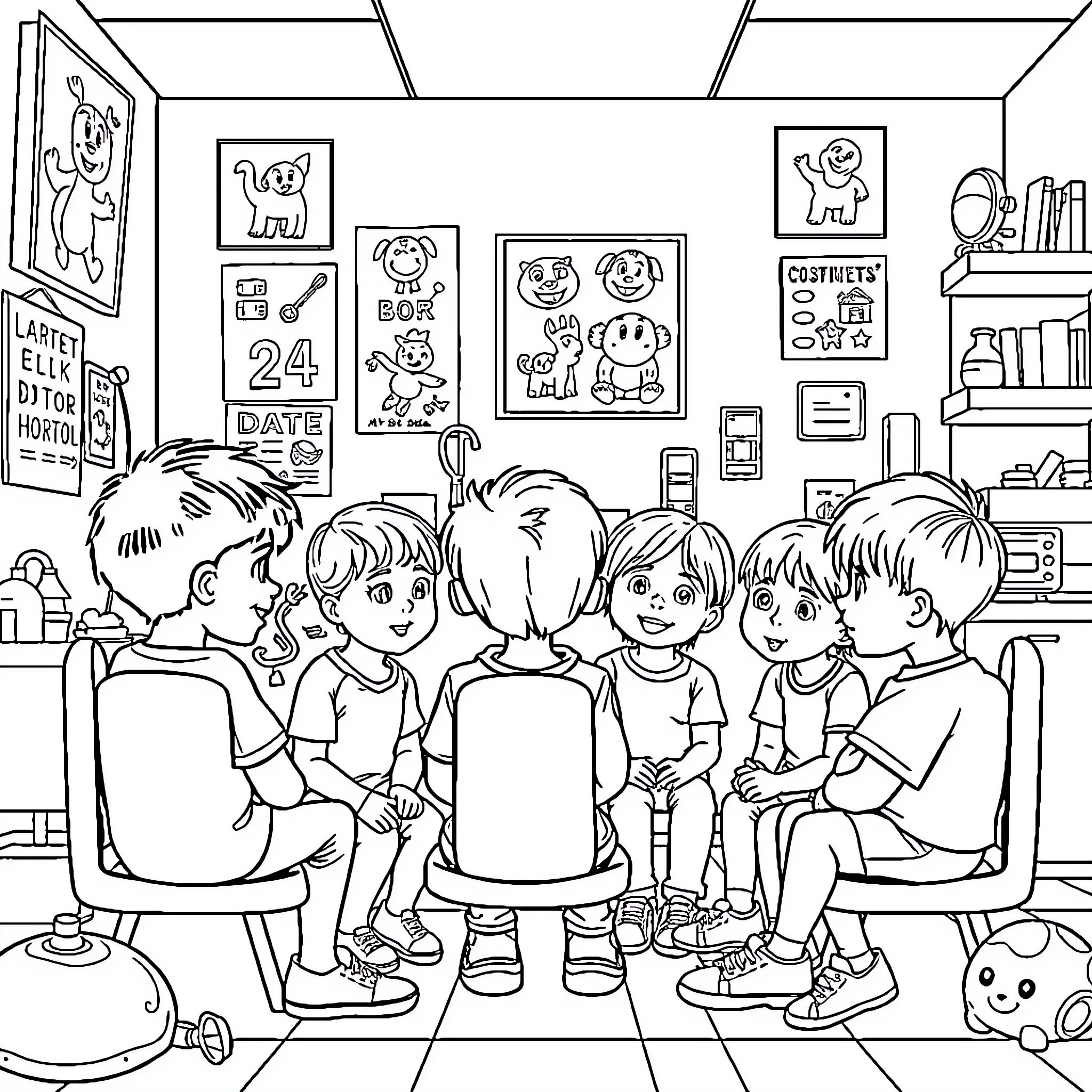Kids sharing playtime in a cozy classroom Coloring Page (free black-and-white line drawing printable PDF for all, from beginners to advanced learners, including children, teens, adults, and seniors)