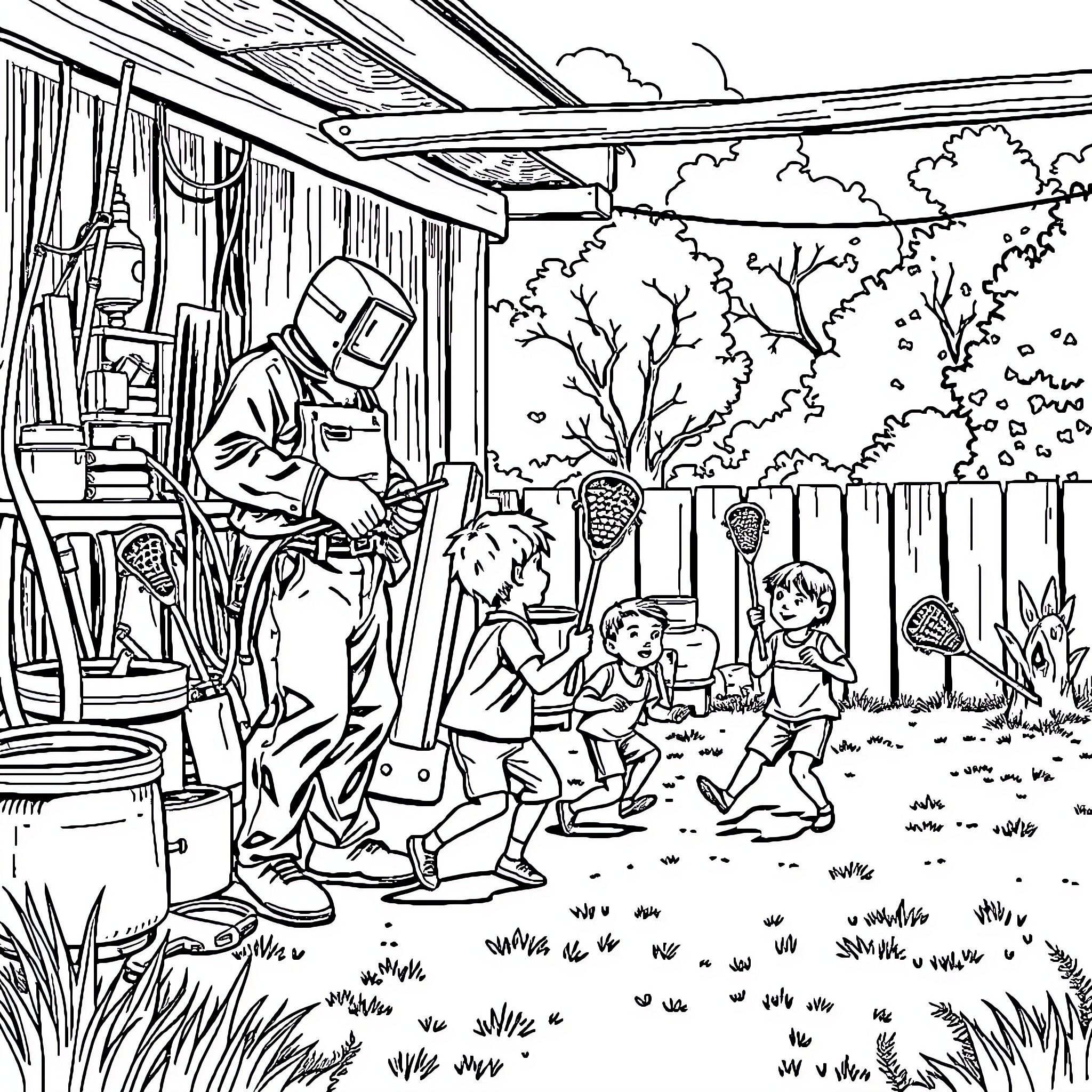 Welder working while children play outdoors Coloring Page (free black-and-white line drawing printable PDF for all, from beginners to advanced learners, including children, teens, adults, and seniors)
