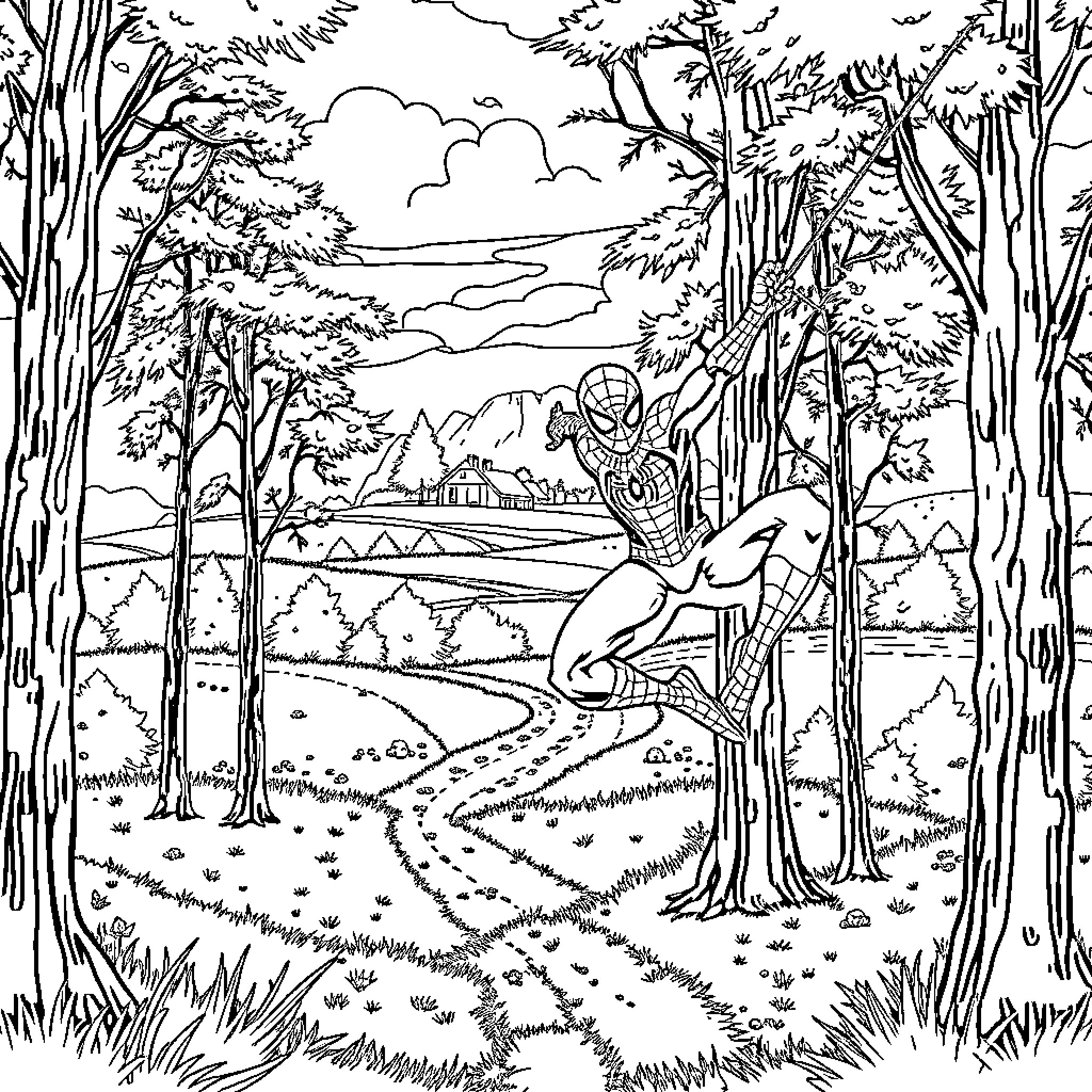 Spiderman exploring the mysterious forest Coloring Page (free black-and-white line drawing printable PDF for all, from beginners to advanced learners, including children, teens, adults, and seniors)