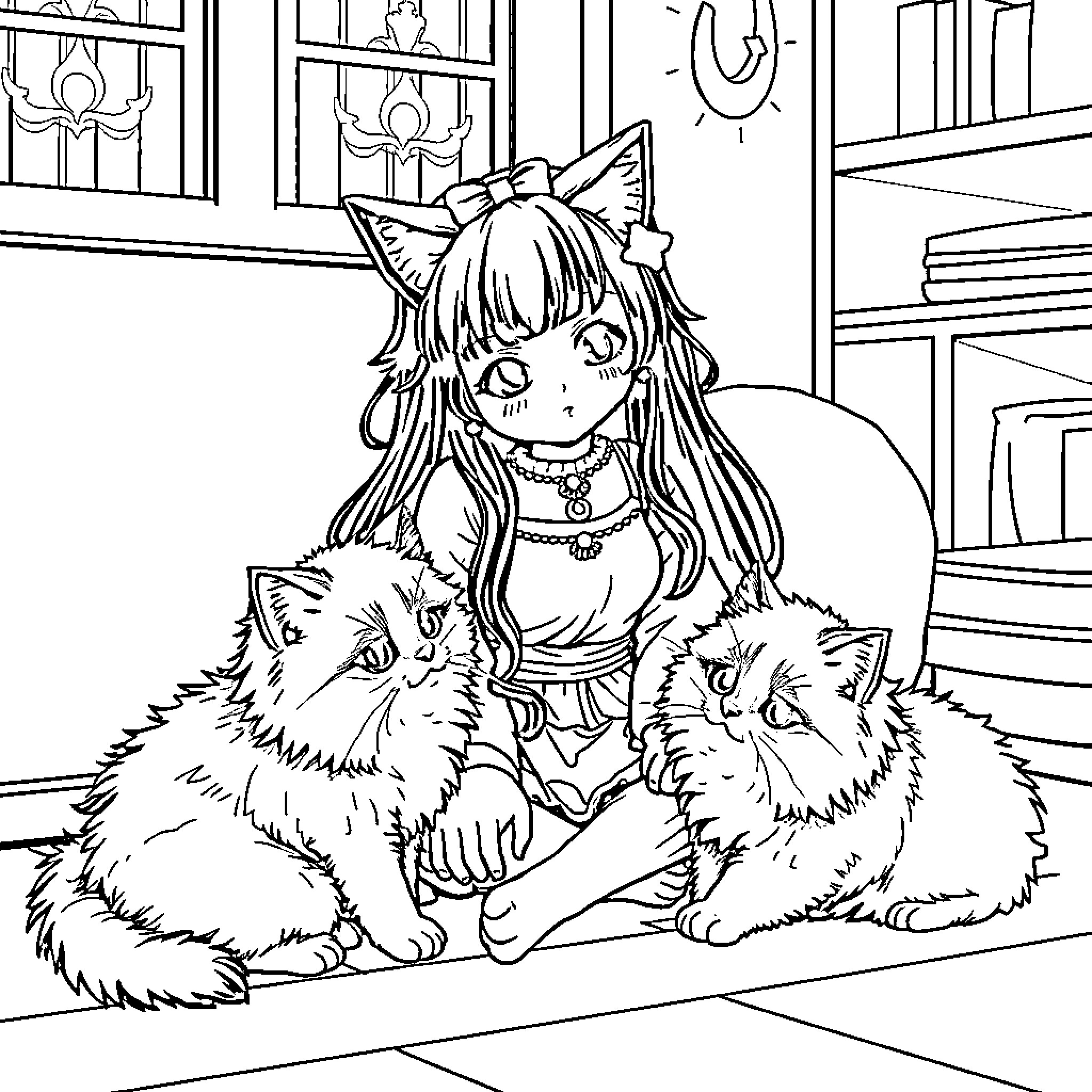 Nezuko enjoying the company of her feline companions Coloring Page (free black-and-white line drawing printable PDF for all, from beginners to advanced learners, including children, teens, adults, and seniors)
