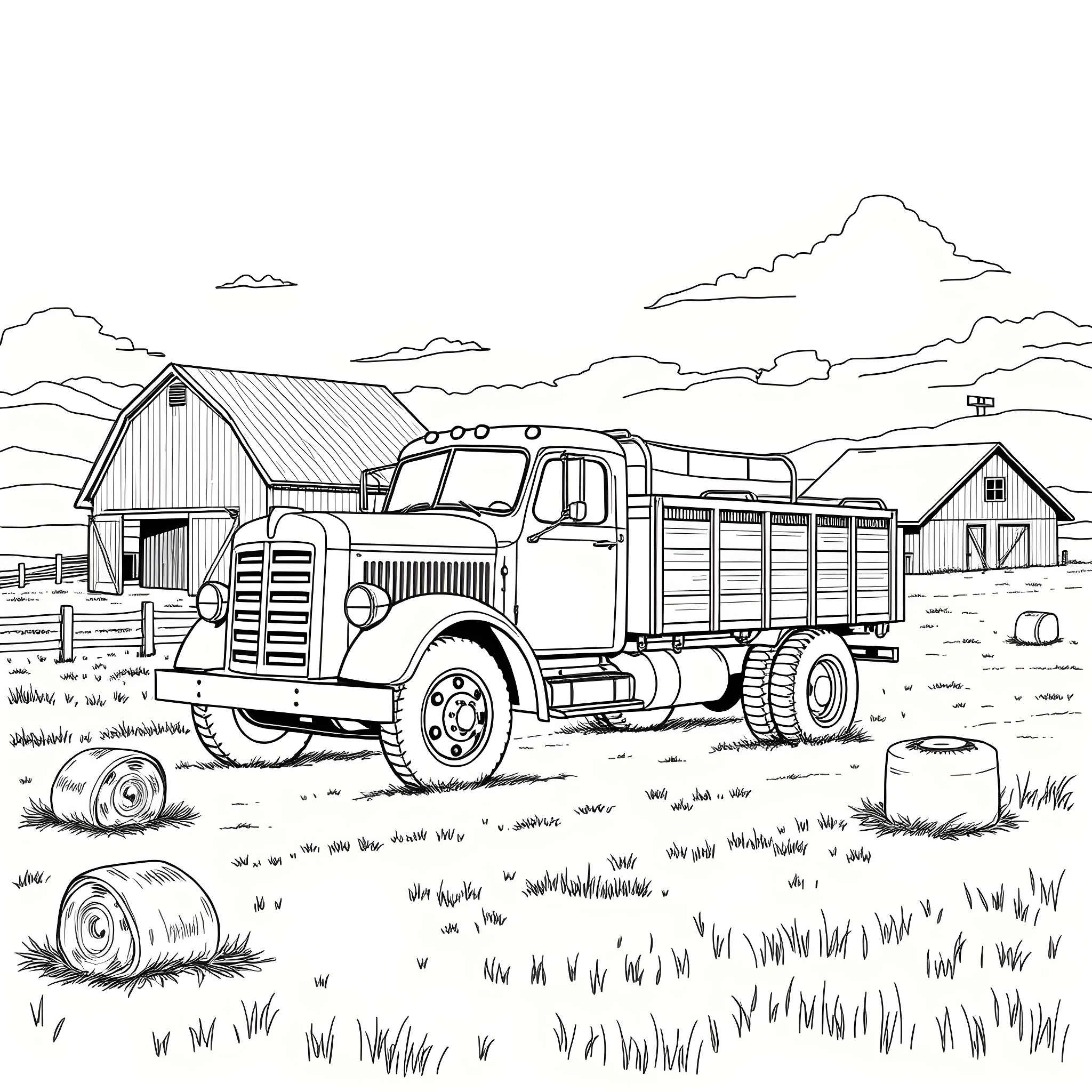 Grain Pickup Truck in Rural Farm Landscape Coloring Page (free black-and-white line drawing printable PDF for all, from beginners to advanced learners, including children, teens, adults, and seniors)
