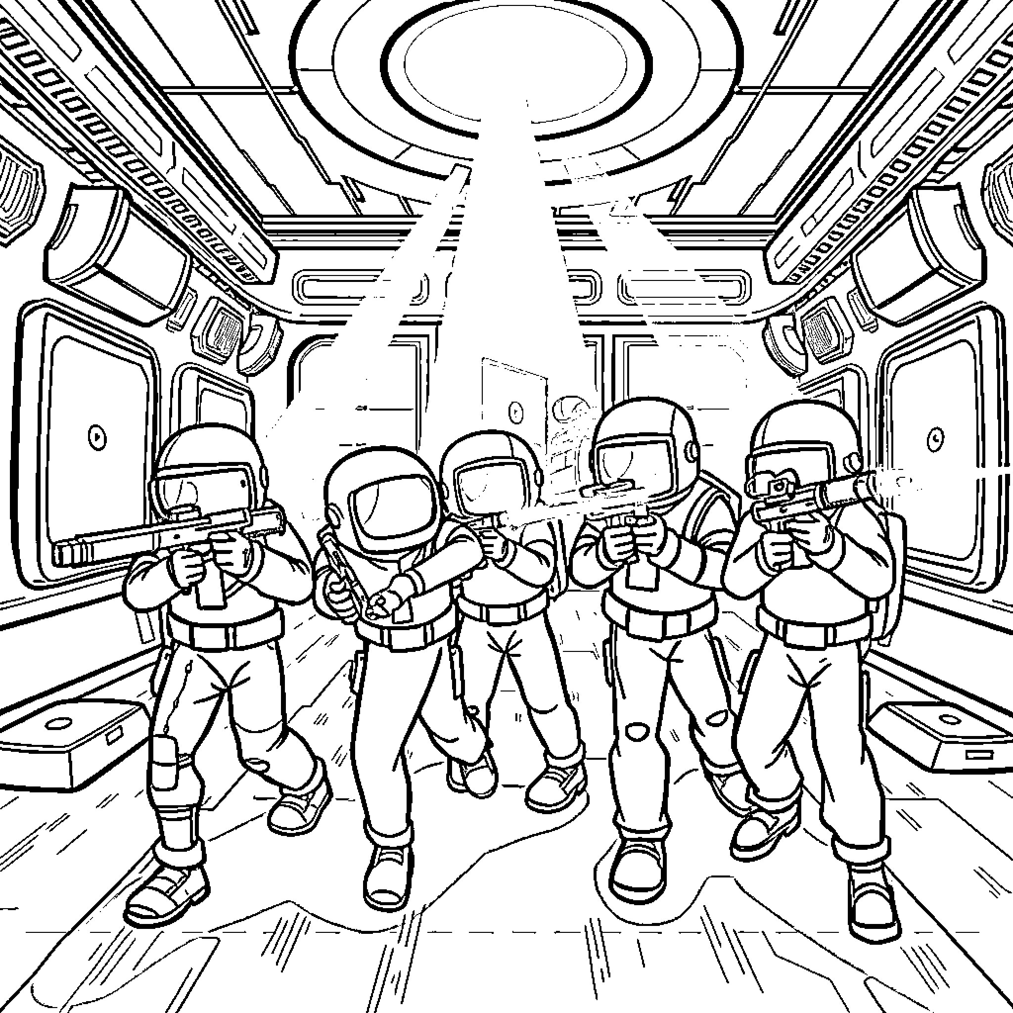 Among Us Crew Navigating Spaceship Interiors Coloring Page (free black-and-white line drawing printable PDF for all, from beginners to advanced learners, including children, teens, adults, and seniors)