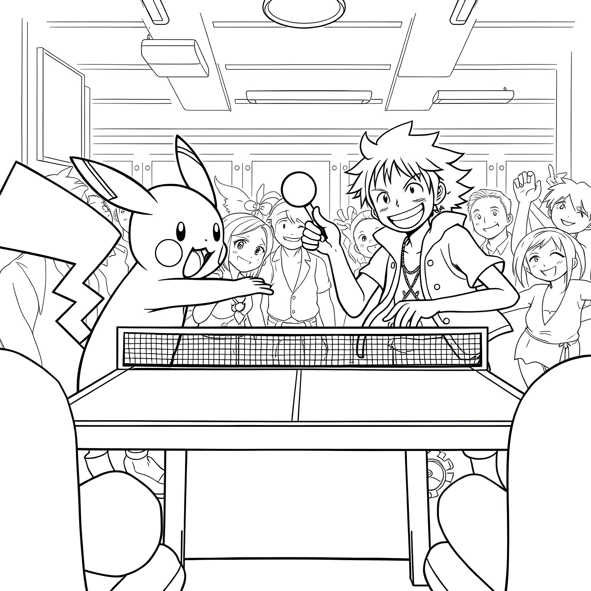 Ash Ketchum and friends playing ping pong in a lively room Coloring Page (free black-and-white line drawing printable PDF for all, from beginners to advanced learners, including children, teens, adults, and seniors)