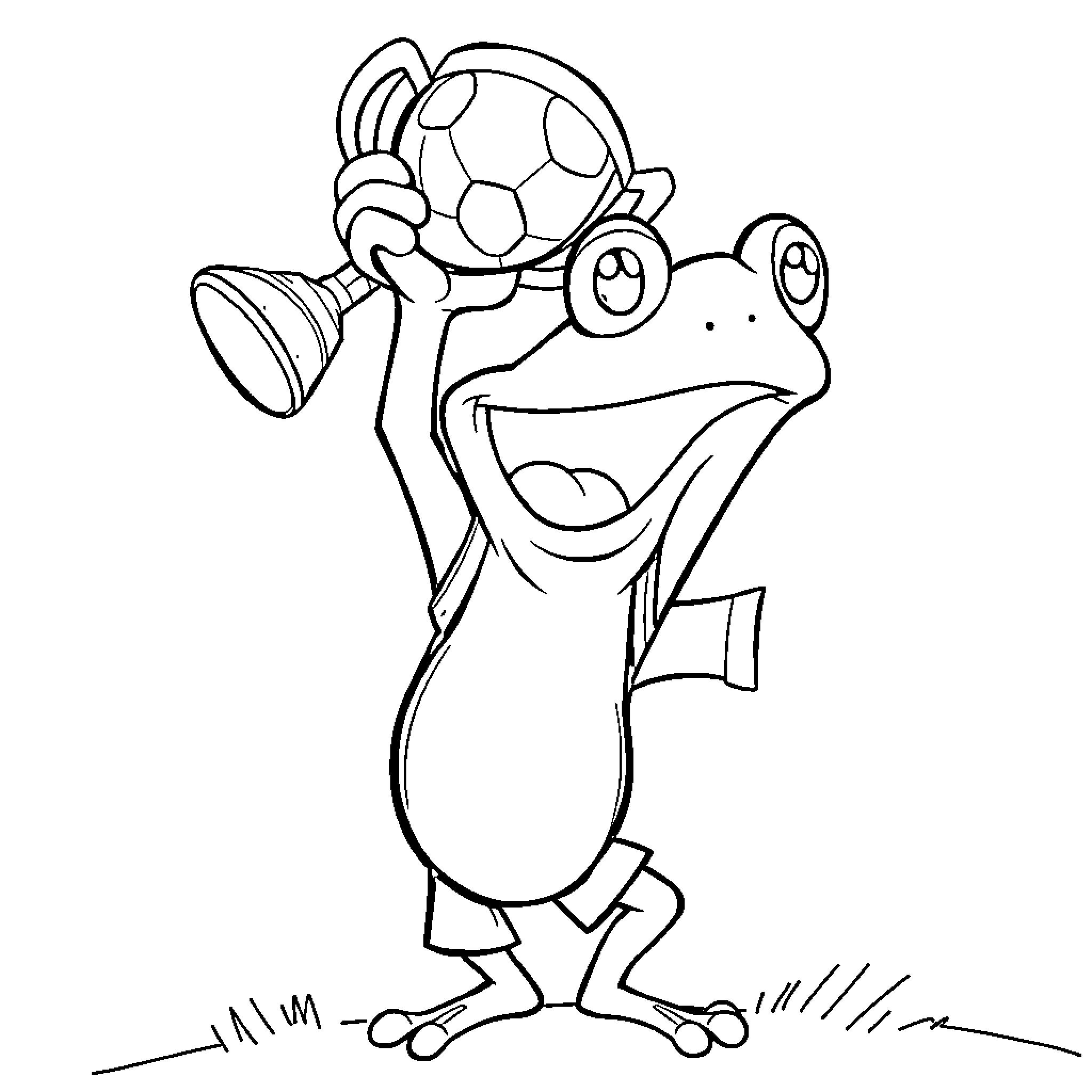 Crazy Frog playing with a soccer ball Coloring Page (free black-and-white line drawing printable PDF for all, from beginners to advanced learners, including children, teens, adults, and seniors)