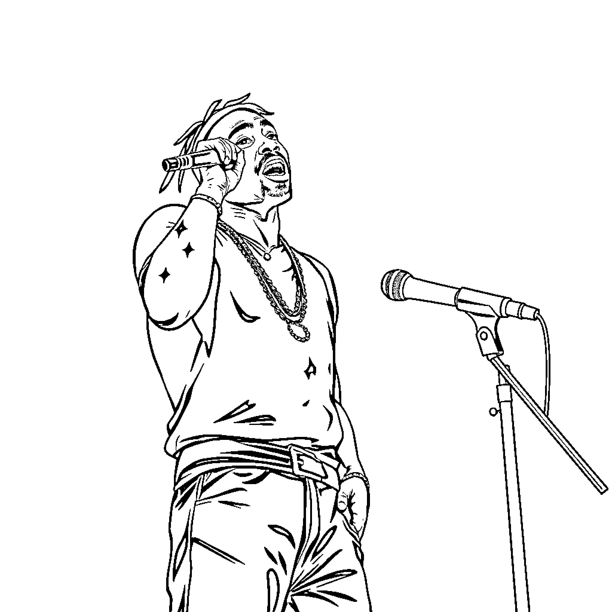 2pac performing on stage with energy Coloring Page (free black-and-white line drawing printable PDF for all, from beginners to advanced learners, including children, teens, adults, and seniors)