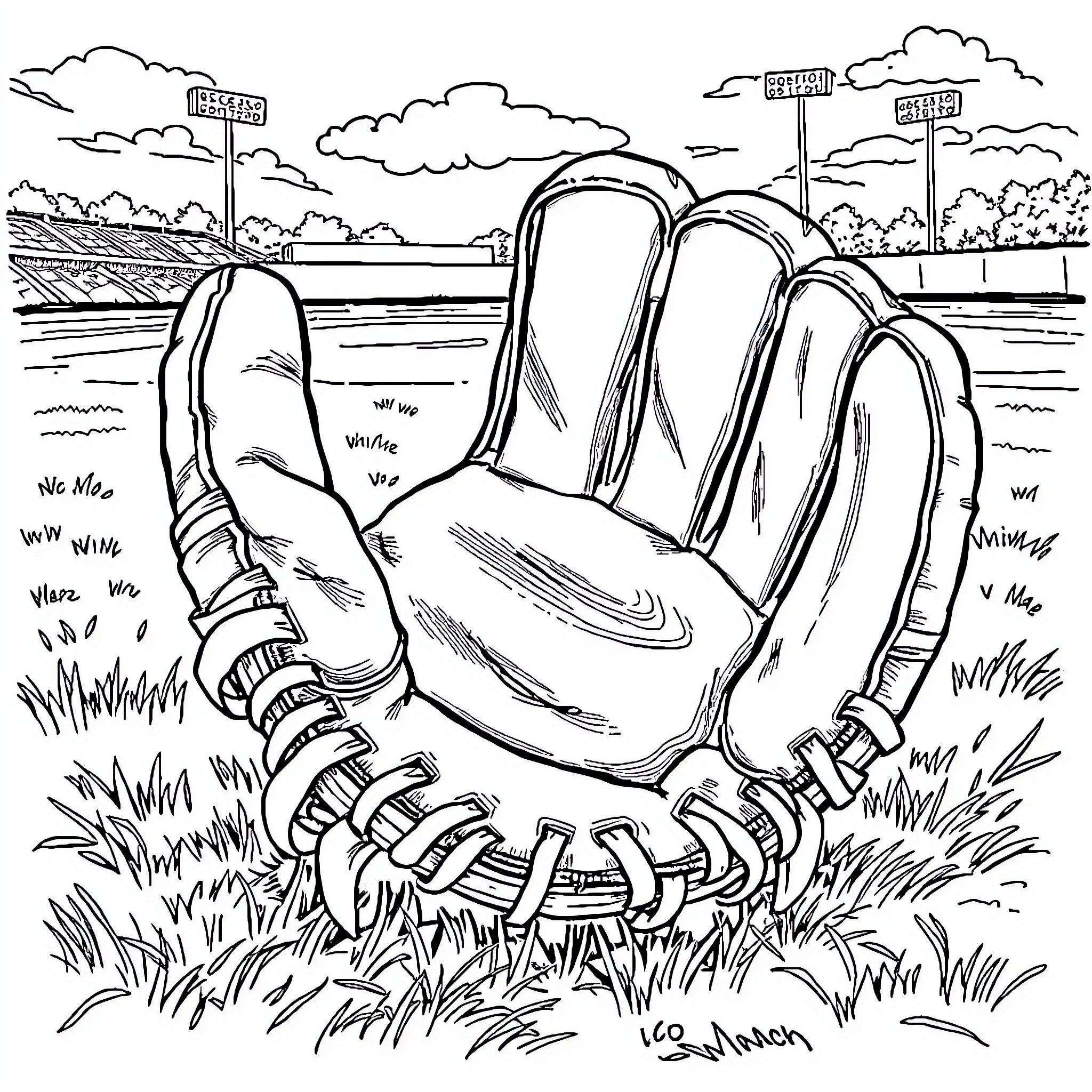 Catcher's Mitt Resting in the Grass Coloring Page (free black-and-white line drawing printable PDF for all, from beginners to advanced learners, including children, teens, adults, and seniors)
