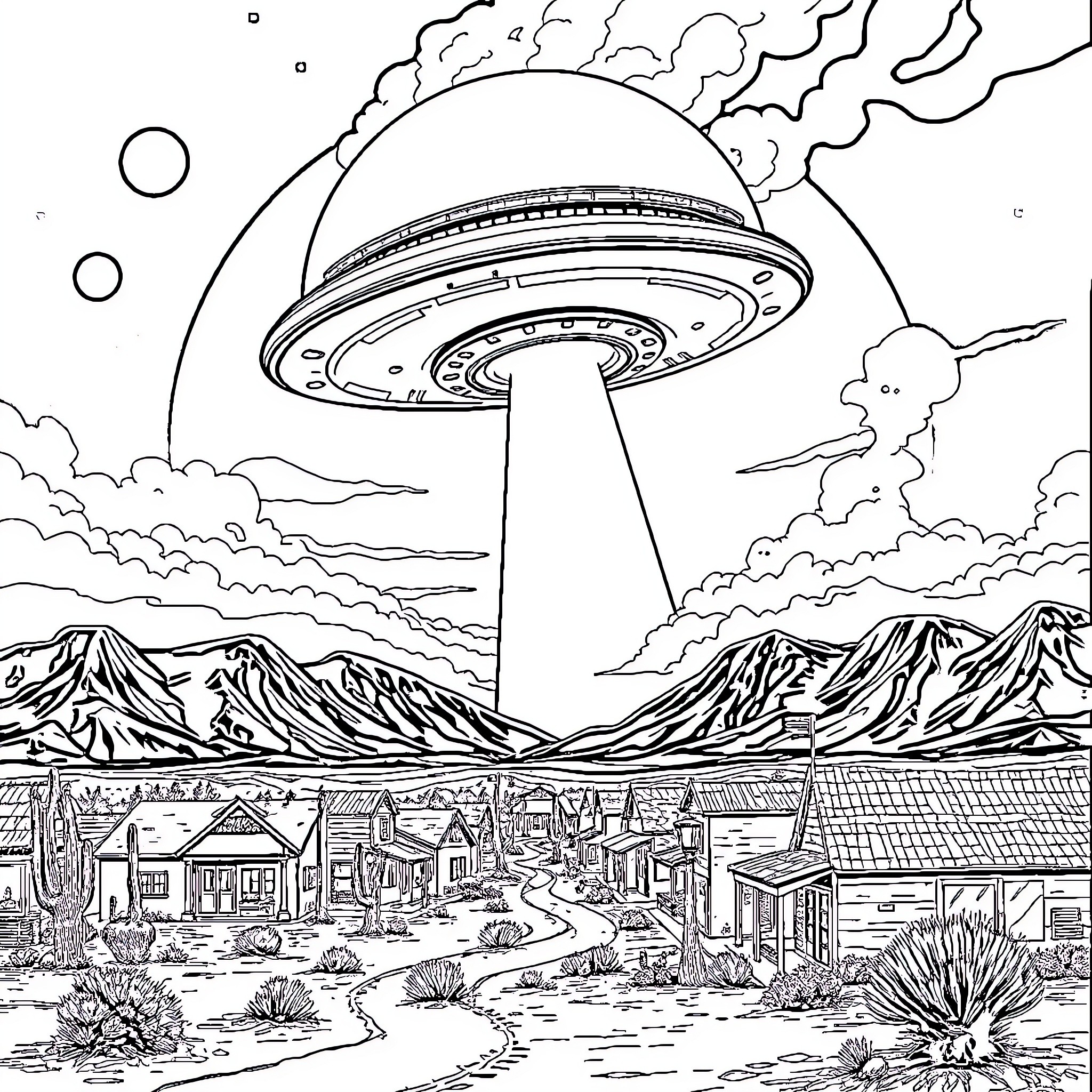 Alien spacecraft hovering over a desert town Coloring Page (free black-and-white line drawing printable PDF for all, from beginners to advanced learners, including children, teens, adults, and seniors)