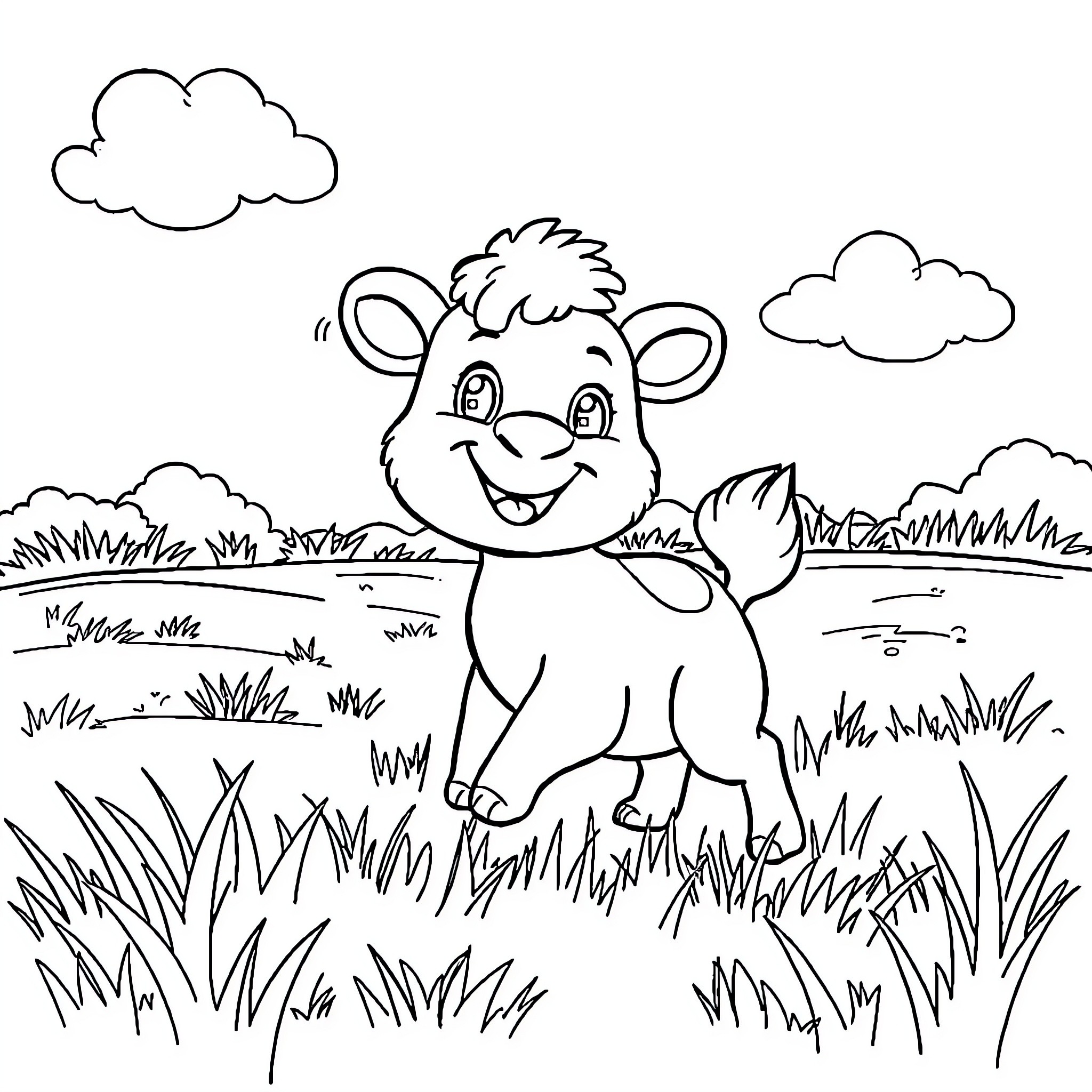 Animal playing happily in grassy field Coloring Page (free black-and-white line drawing printable PDF for all, from beginners to advanced learners, including children, teens, adults, and seniors)