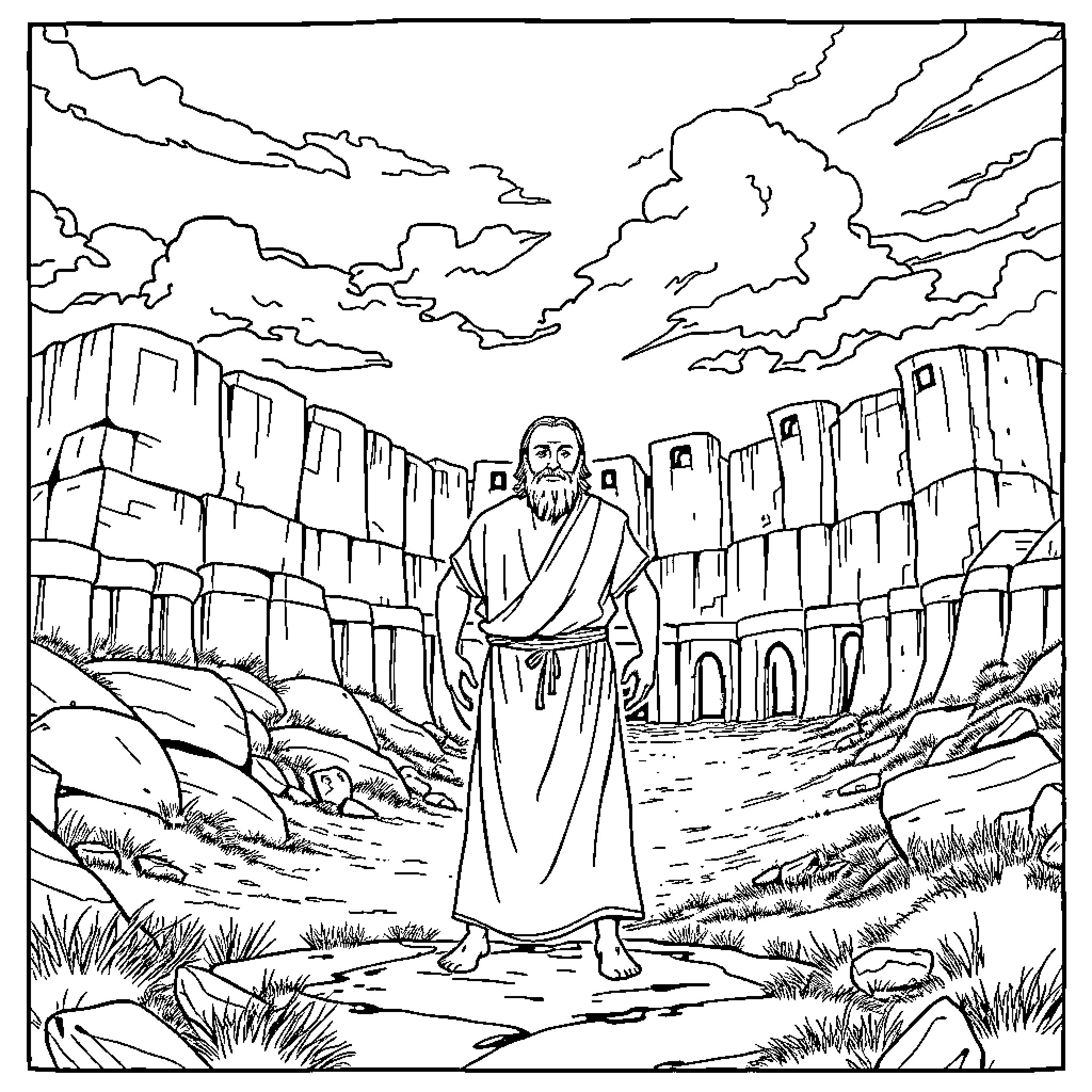 Joshua preaching in the desert with ancient ruins Coloring Page (free black-and-white line drawing printable PDF for all, from beginners to advanced learners, including children, teens, adults, and seniors)
