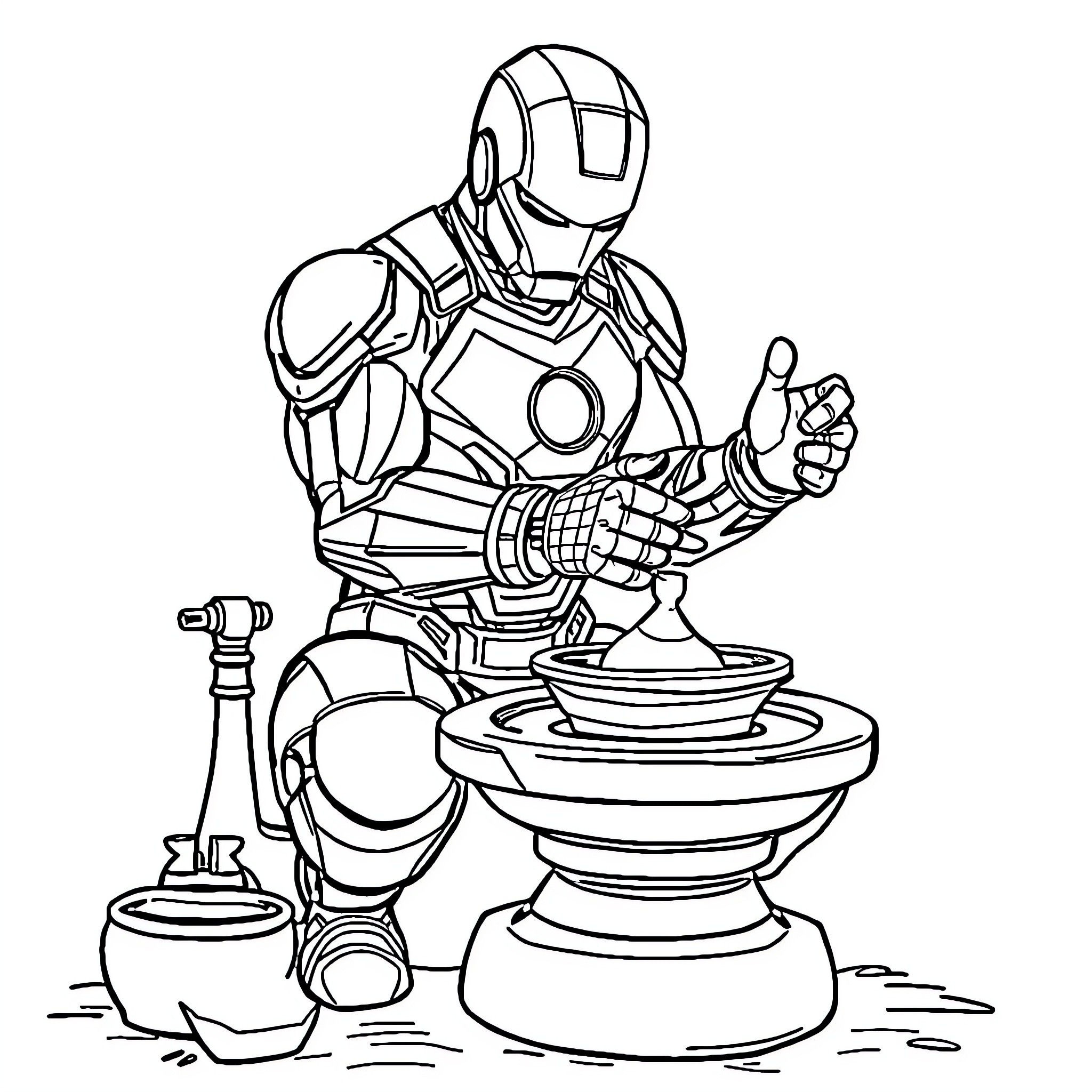 Ironman Tinkering with Futuristic Gadgets Coloring Page (free black-and-white line drawing printable PDF for all, from beginners to advanced learners, including children, teens, adults, and seniors)