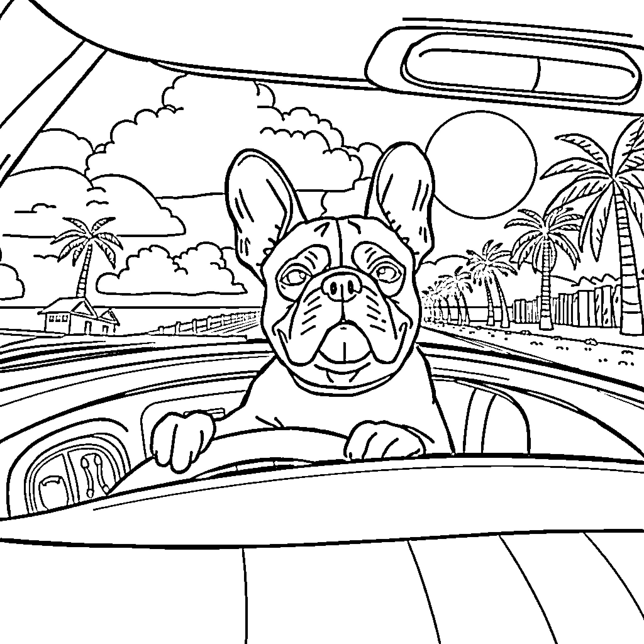 French Bulldog driving a car on a tropical beach Coloring Page (free black-and-white line drawing printable PDF for all, from beginners to advanced learners, including children, teens, adults, and seniors)