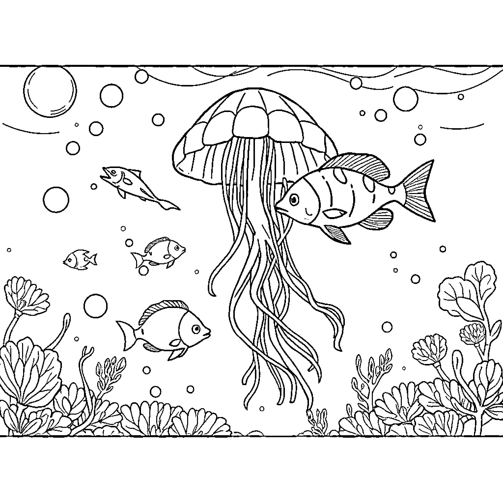 Fish Swimming Amongst Jellyfish and Coral Coloring Page (free black-and-white line drawing printable PDF for all, from beginners to advanced learners, including children, teens, adults, and seniors)
