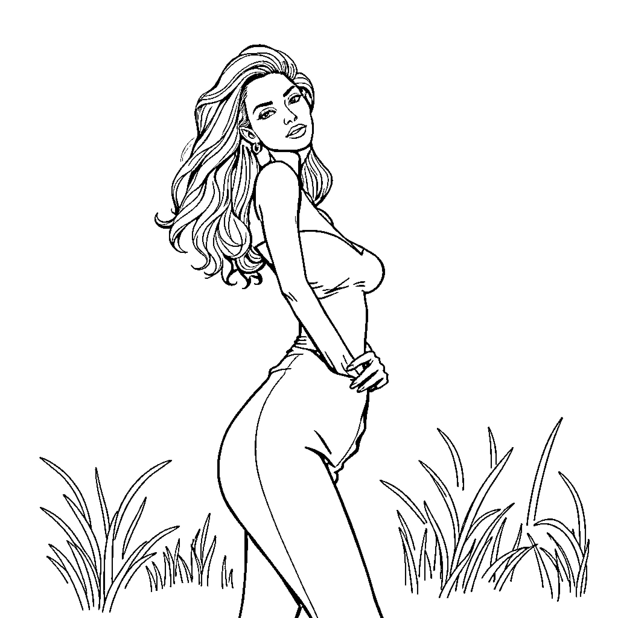 Jenaveve Jolie in serene natural setting Coloring Page (free black-and-white line drawing printable PDF for all, from beginners to advanced learners, including children, teens, adults, and seniors)