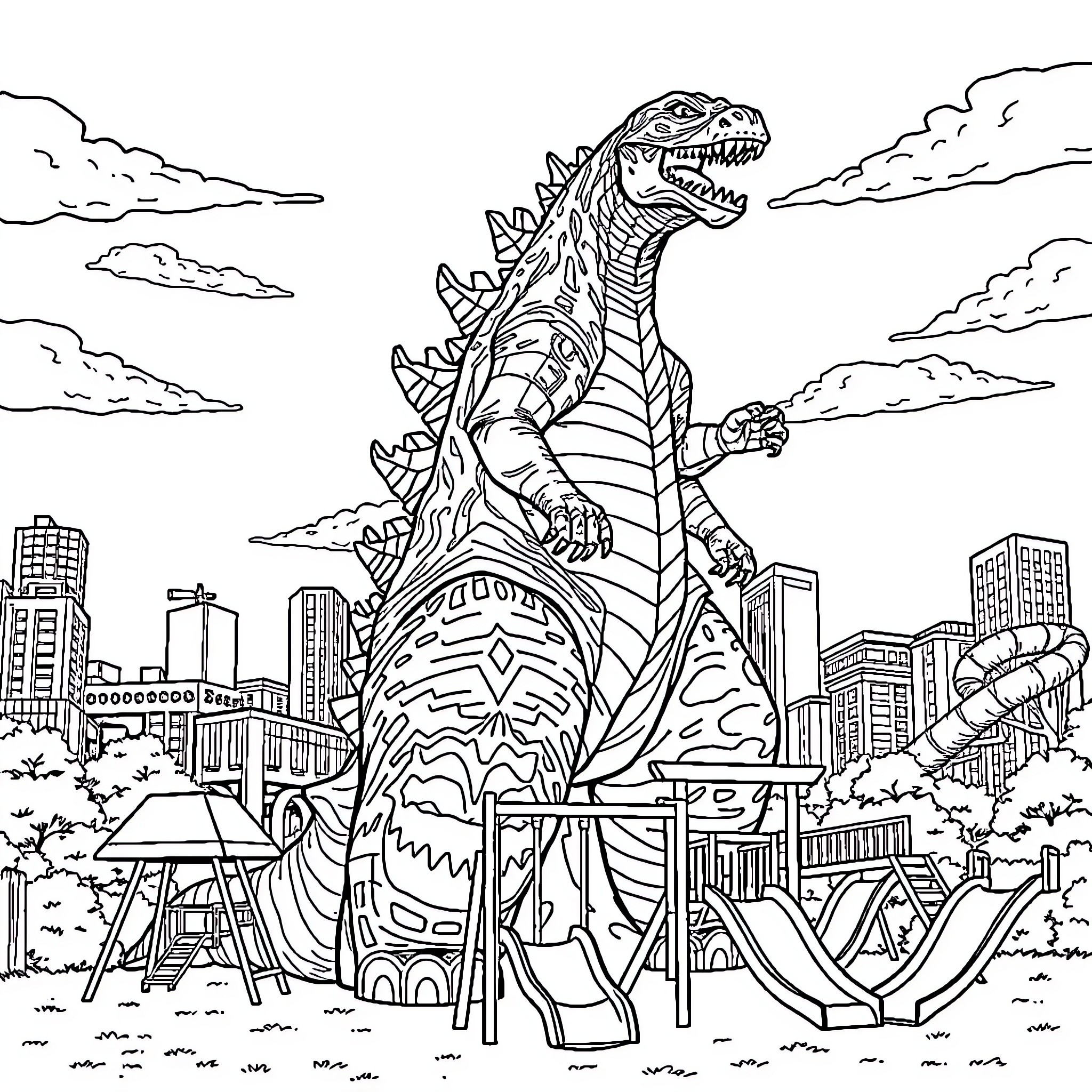 Godzilla wreaking havoc in the city Coloring Page (free black-and-white line drawing printable PDF for all, from beginners to advanced learners, including children, teens, adults, and seniors)