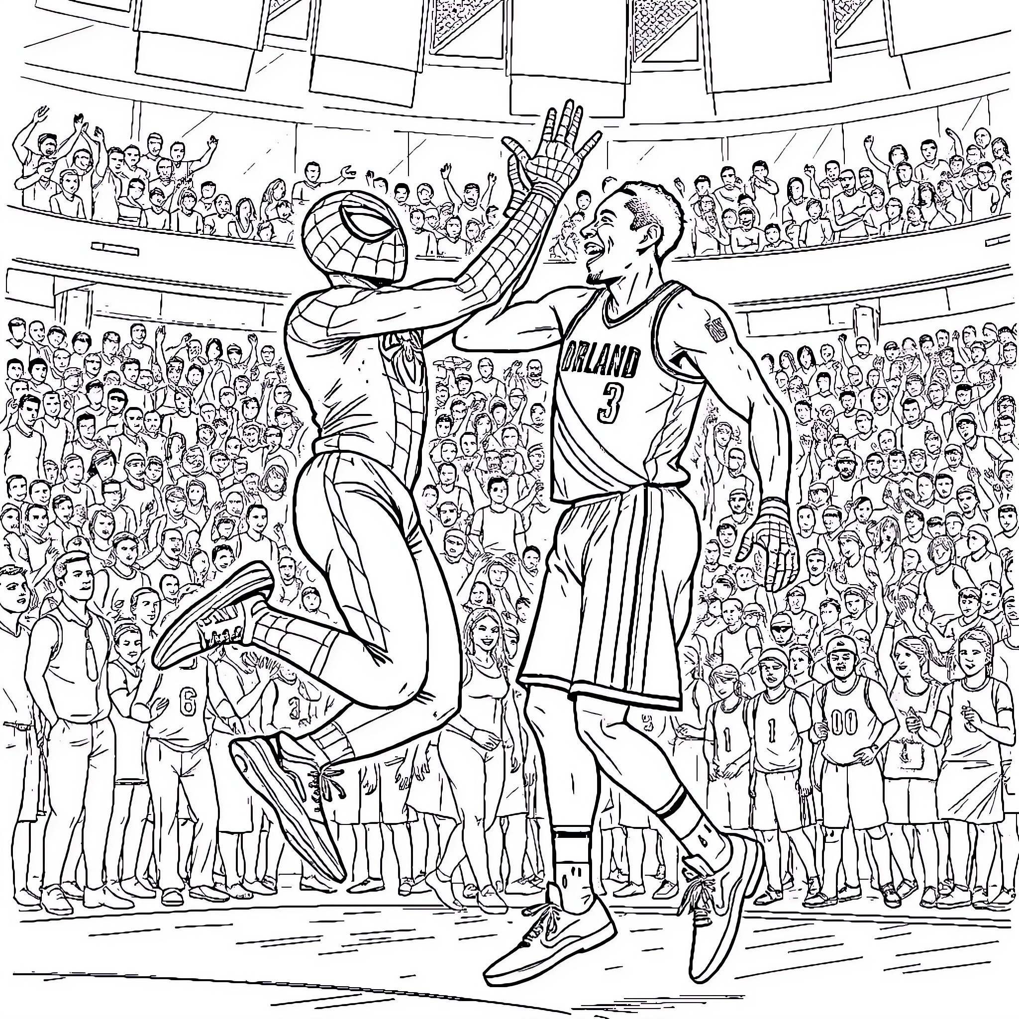 Spiderman facing off against basketball player in stadium Coloring Page (free black-and-white line drawing printable PDF for all, from beginners to advanced learners, including children, teens, adults, and seniors)
