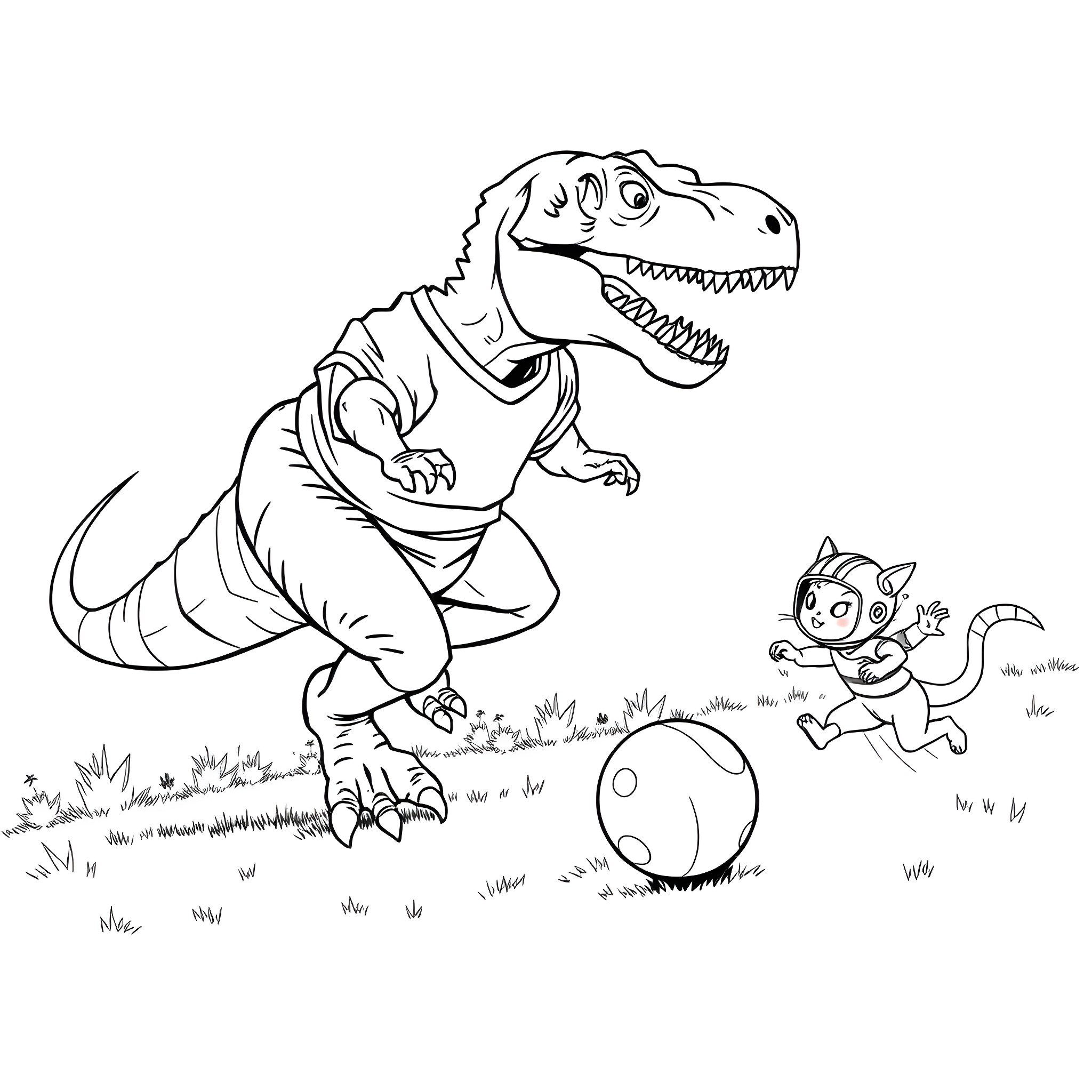 T-Rex chasing playful animals in a field Coloring Page (free black-and-white line drawing printable PDF for all, from beginners to advanced learners, including children, teens, adults, and seniors)