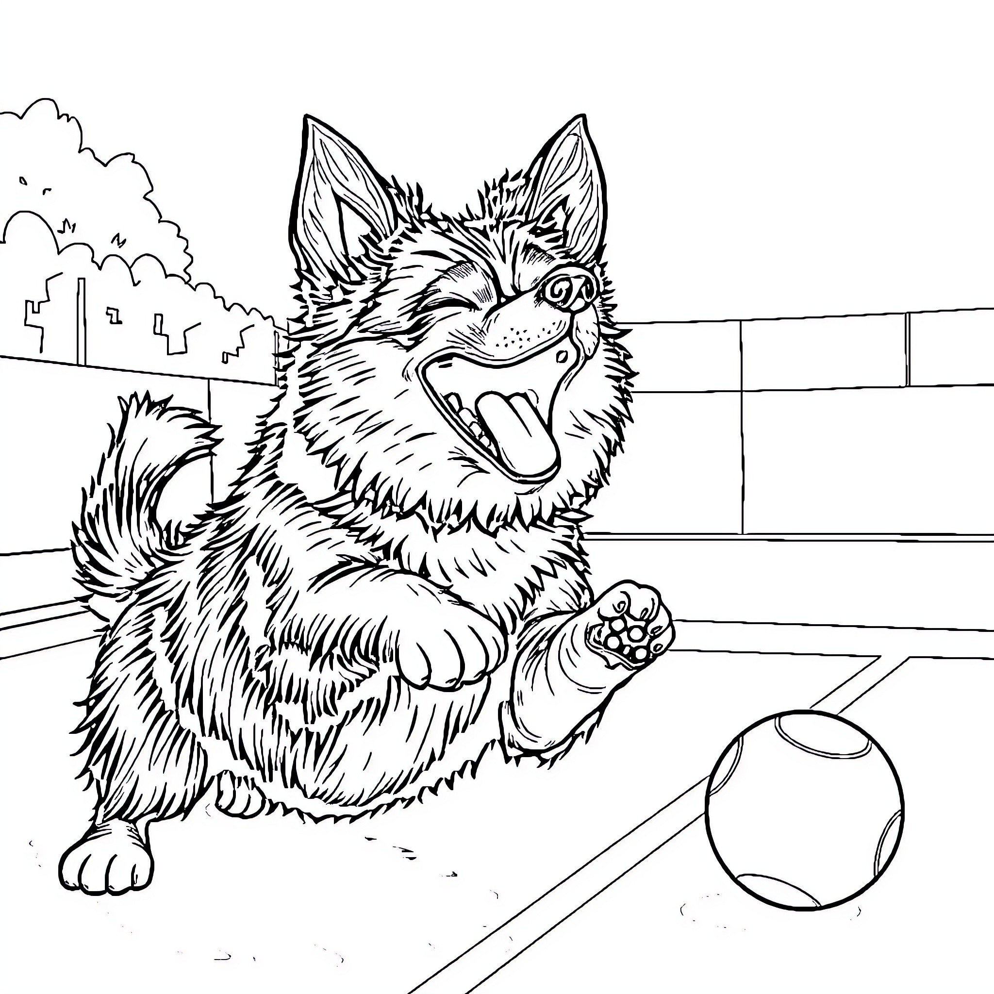 Dog playing joyfully with ball in the yard Coloring Page (free black-and-white line drawing printable PDF for all, from beginners to advanced learners, including children, teens, adults, and seniors)
