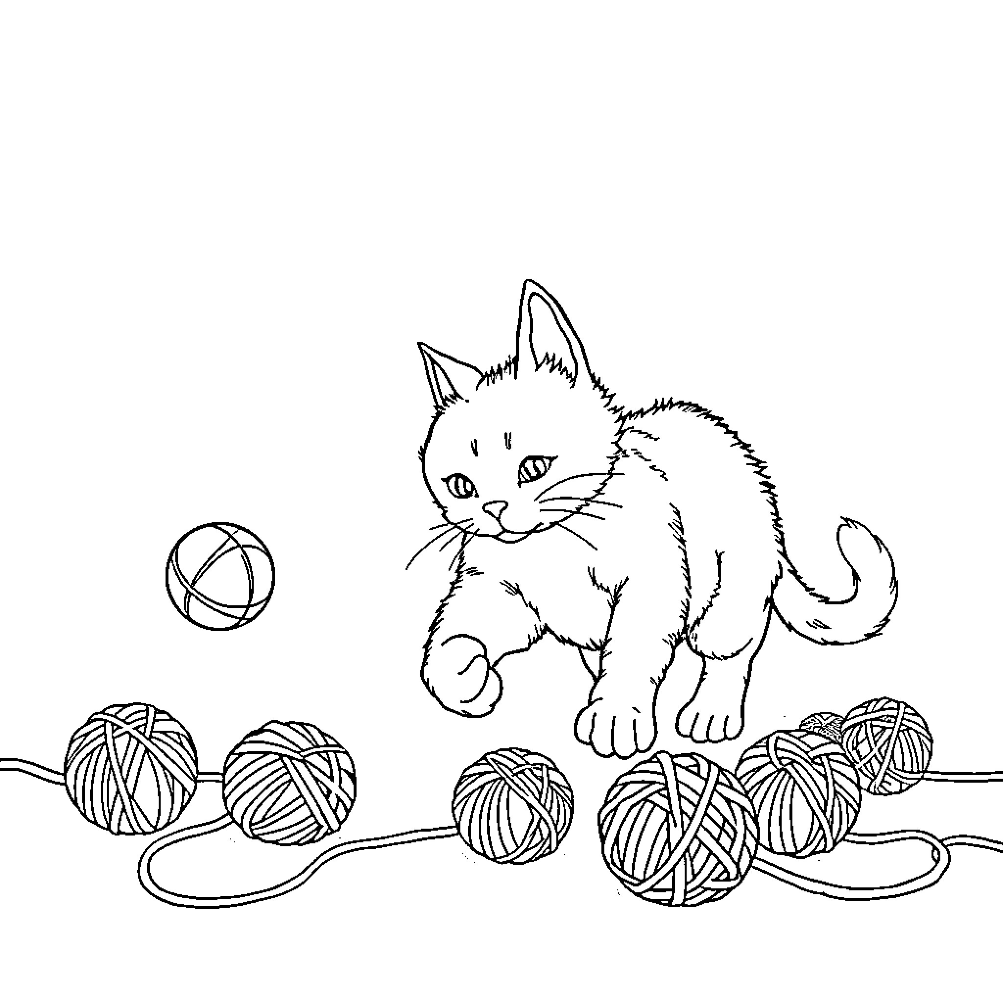 Cat playfully entangled in yarn balls Coloring Page (free black-and-white line drawing printable PDF for all, from beginners to advanced learners, including children, teens, adults, and seniors)