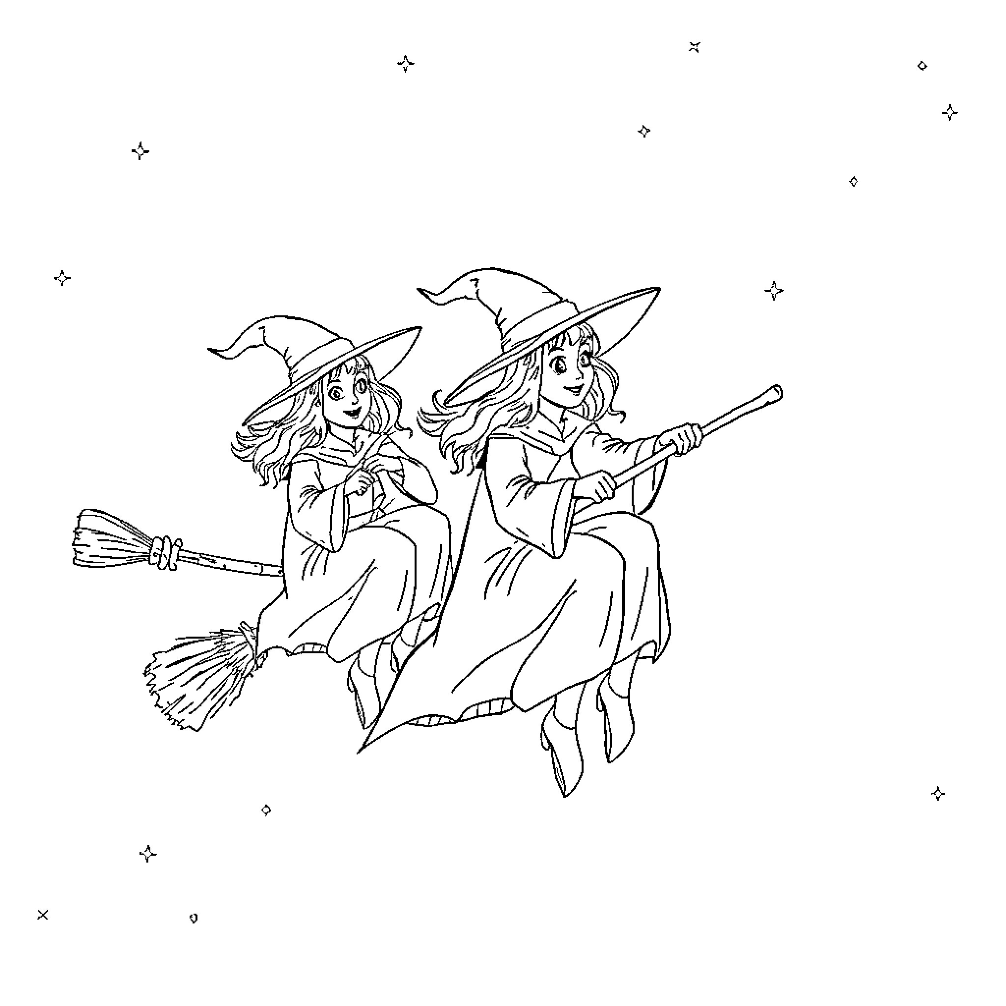 Witches riding broomsticks in a starry night Coloring Page (free black-and-white line drawing printable PDF for all, from beginners to advanced learners, including children, teens, adults, and seniors)