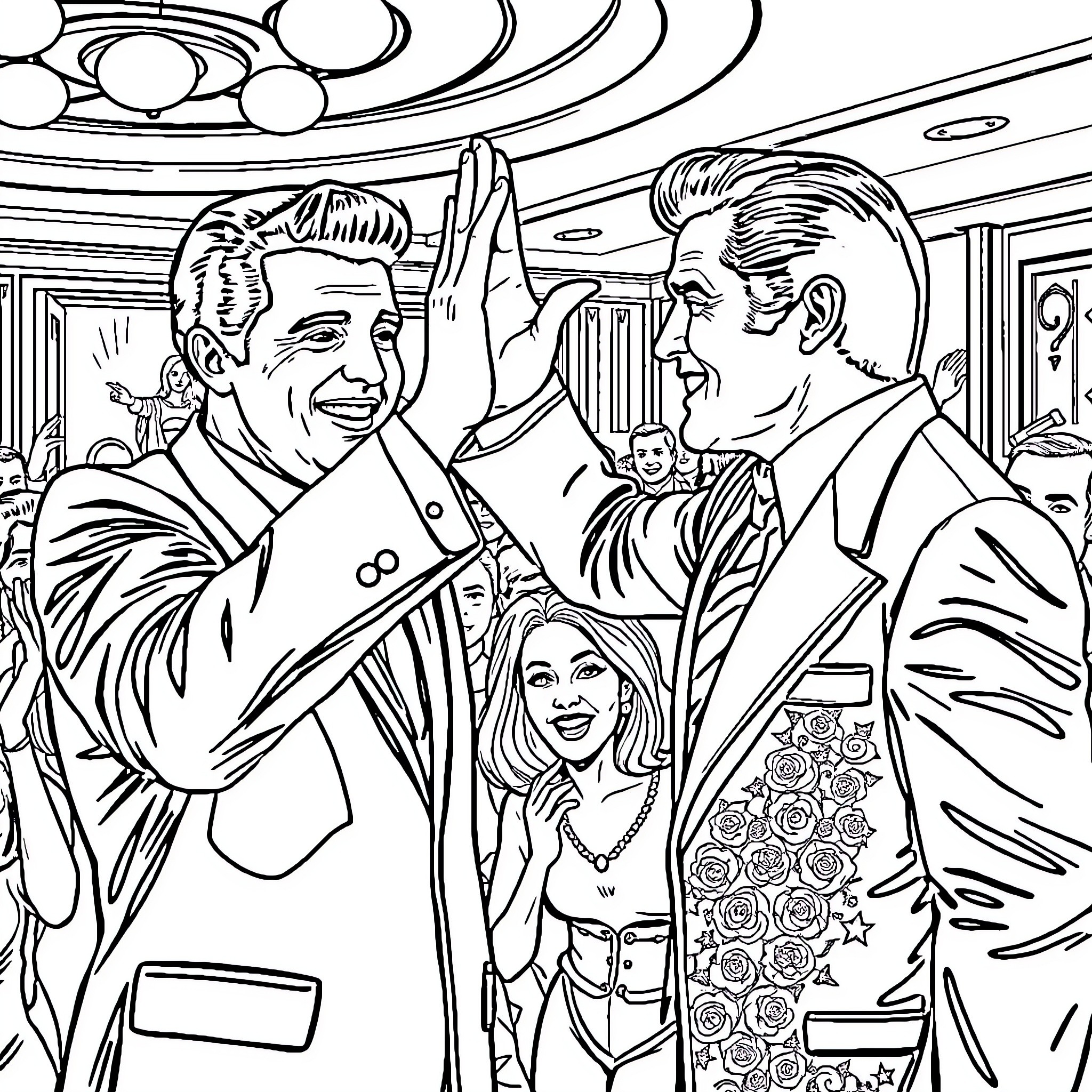 Elvis Celebrates with Friends in Glamorous Scene Coloring Page (free black-and-white line drawing printable PDF for all, from beginners to advanced learners, including children, teens, adults, and seniors)