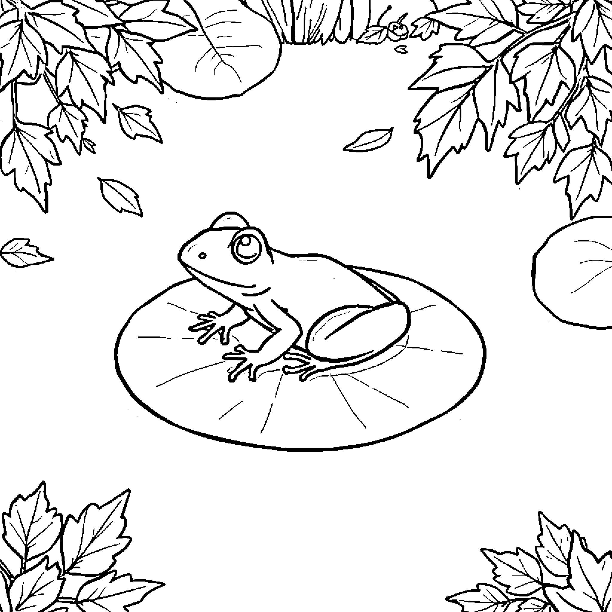 Frog resting on lily pad in forest Coloring Page (free black-and-white line drawing printable PDF for all, from beginners to advanced learners, including children, teens, adults, and seniors)