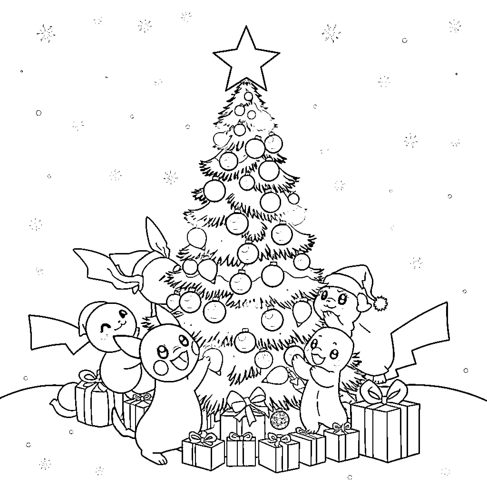 Pokémon decorating a festive Christmas tree Coloring Page (free black-and-white line drawing printable PDF for all, from beginners to advanced learners, including children, teens, adults, and seniors)