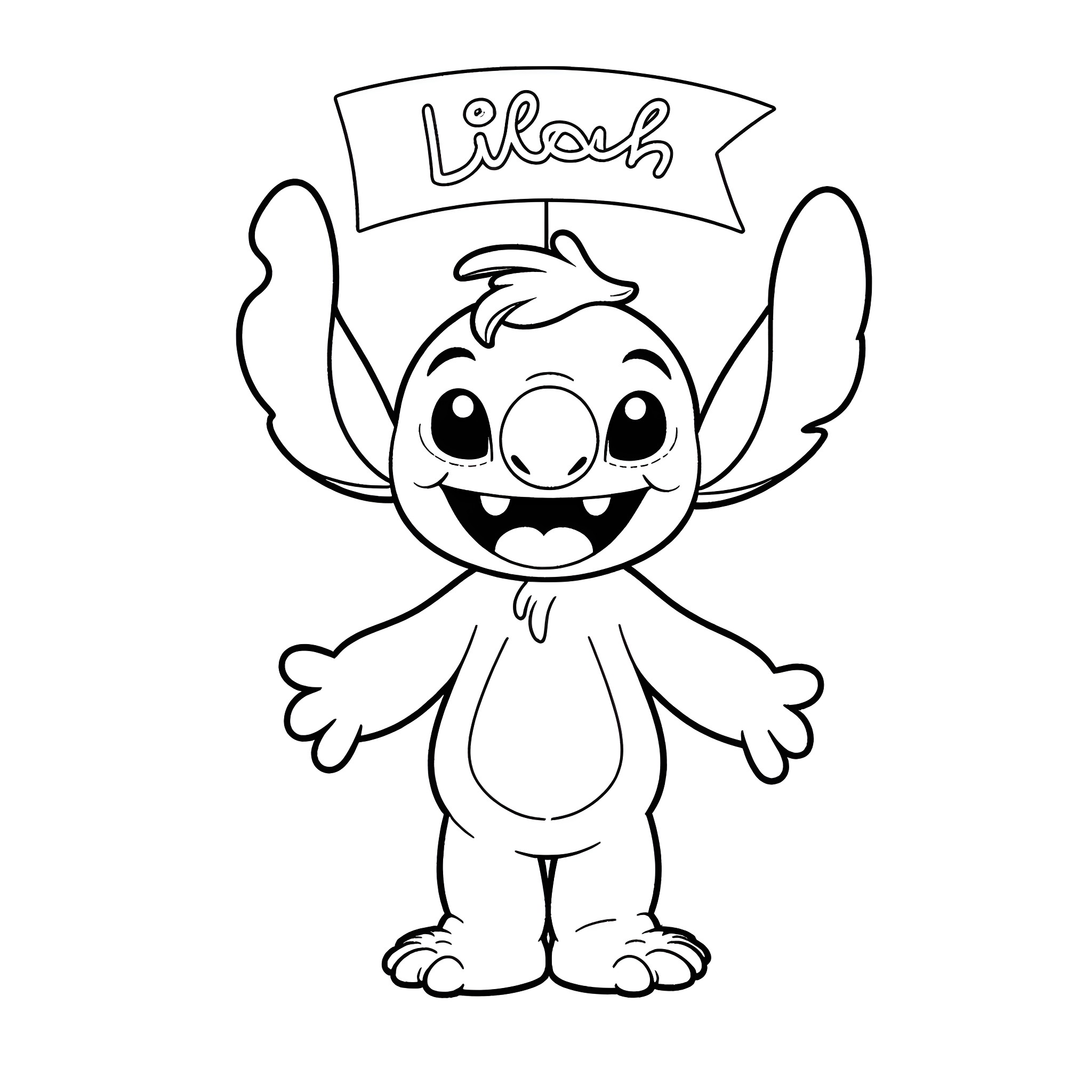 Stitch waving joyfully with a banner Coloring Page (free black-and-white line drawing printable PDF for all, from beginners to advanced learners, including children, teens, adults, and seniors)