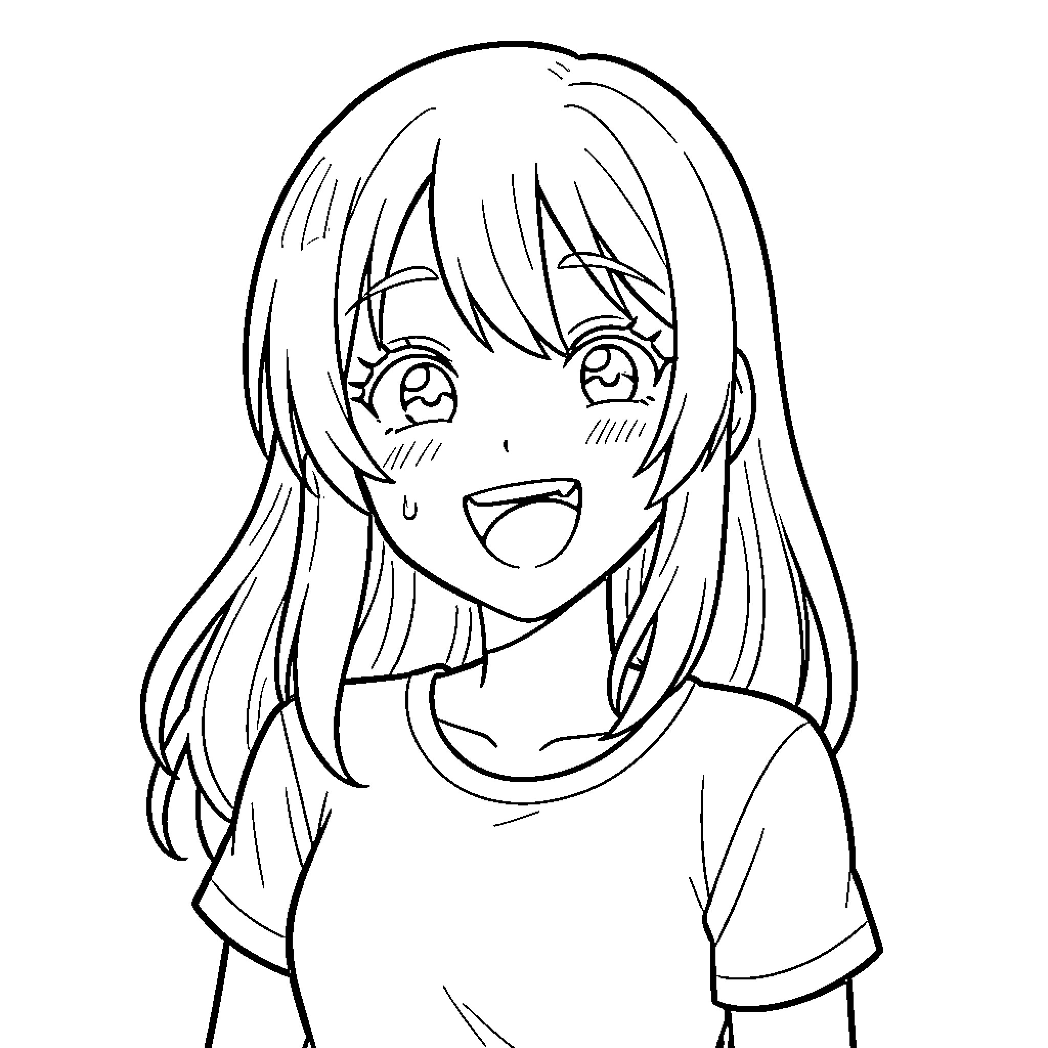 Anime Girl smiling brightly with a cheerful expression Coloring Page (free black-and-white line drawing printable PDF for all, from beginners to advanced learners, including children, teens, adults, and seniors)