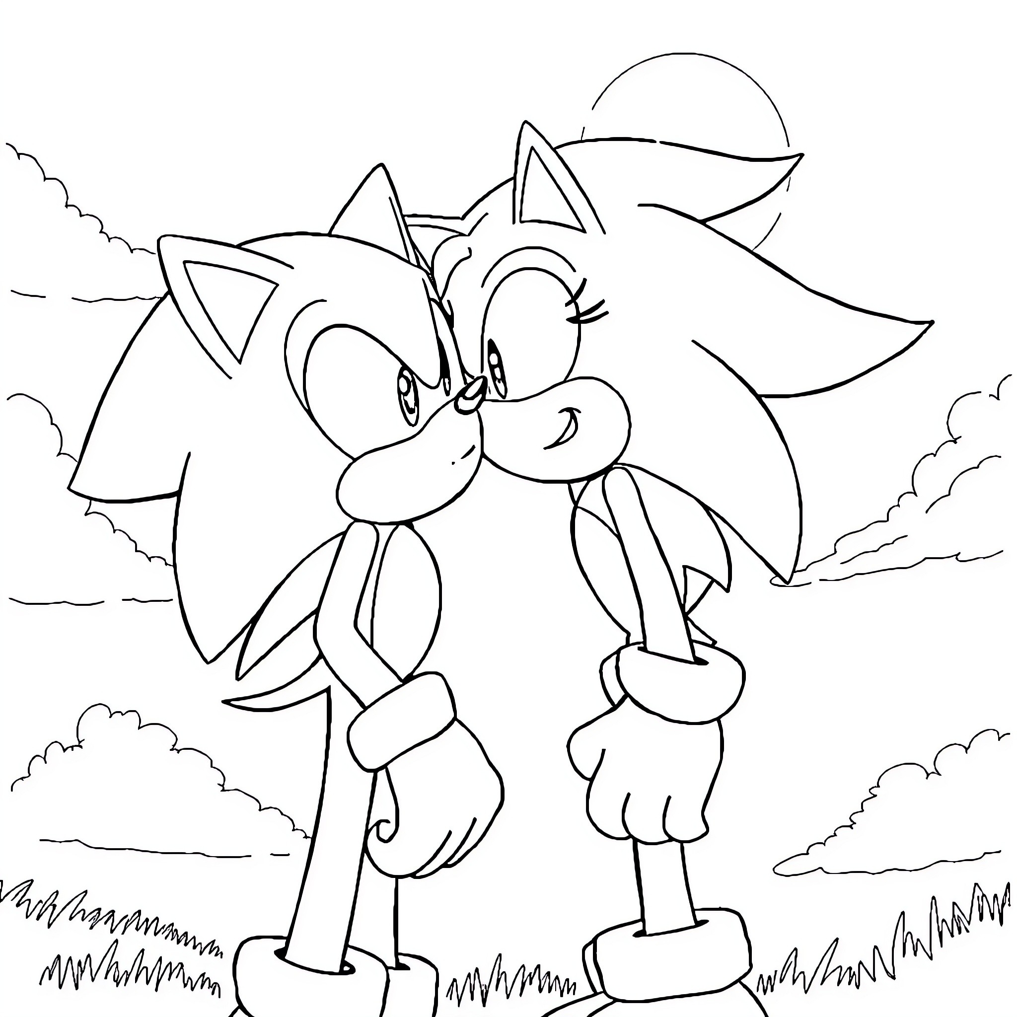 Sonic and Friend Sharing a Moment Outdoors Coloring Page (free black-and-white line drawing printable PDF for all, from beginners to advanced learners, including children, teens, adults, and seniors)