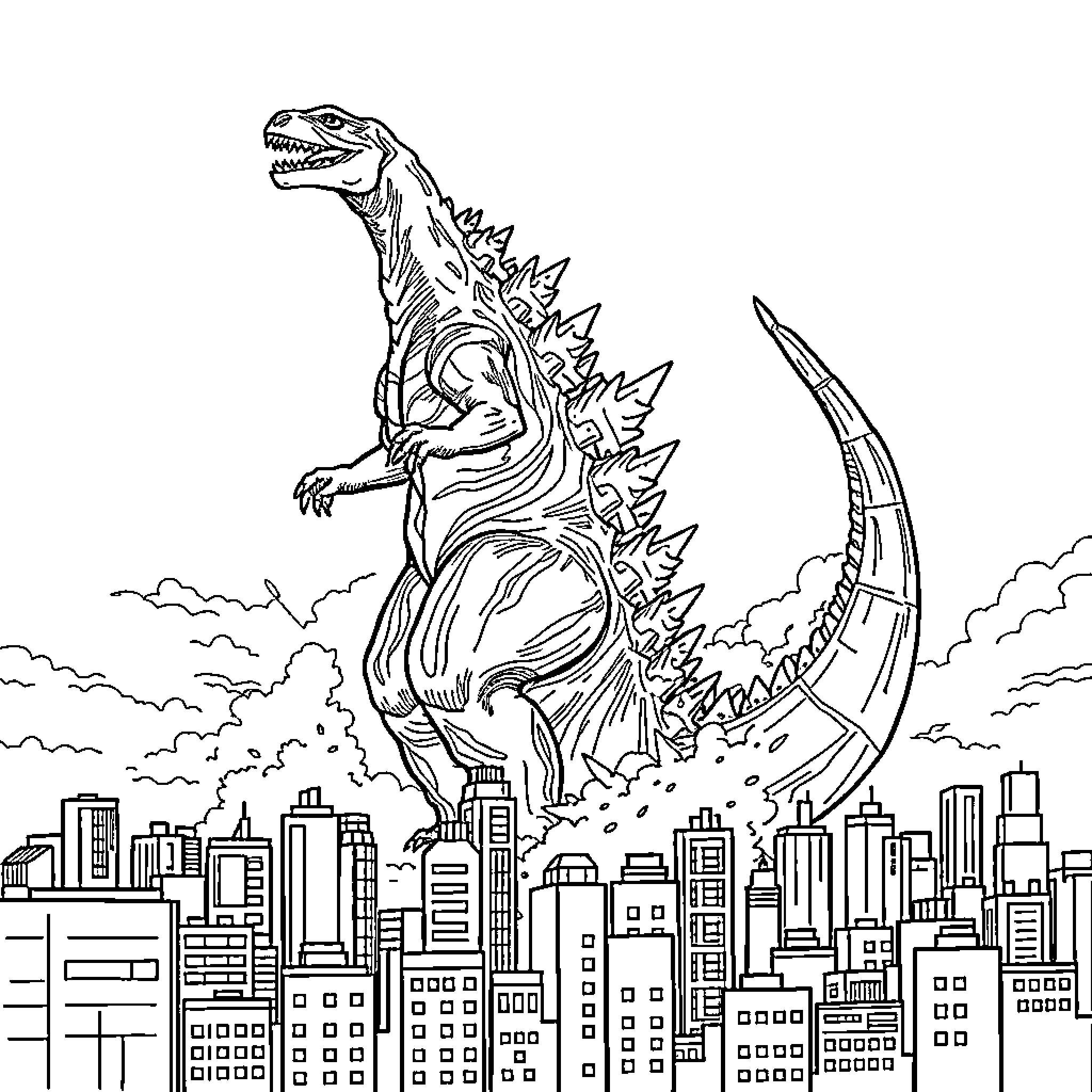 Godzilla rampaging through the city skyline Coloring Page (free black-and-white line drawing printable PDF for all, from beginners to advanced learners, including children, teens, adults, and seniors)