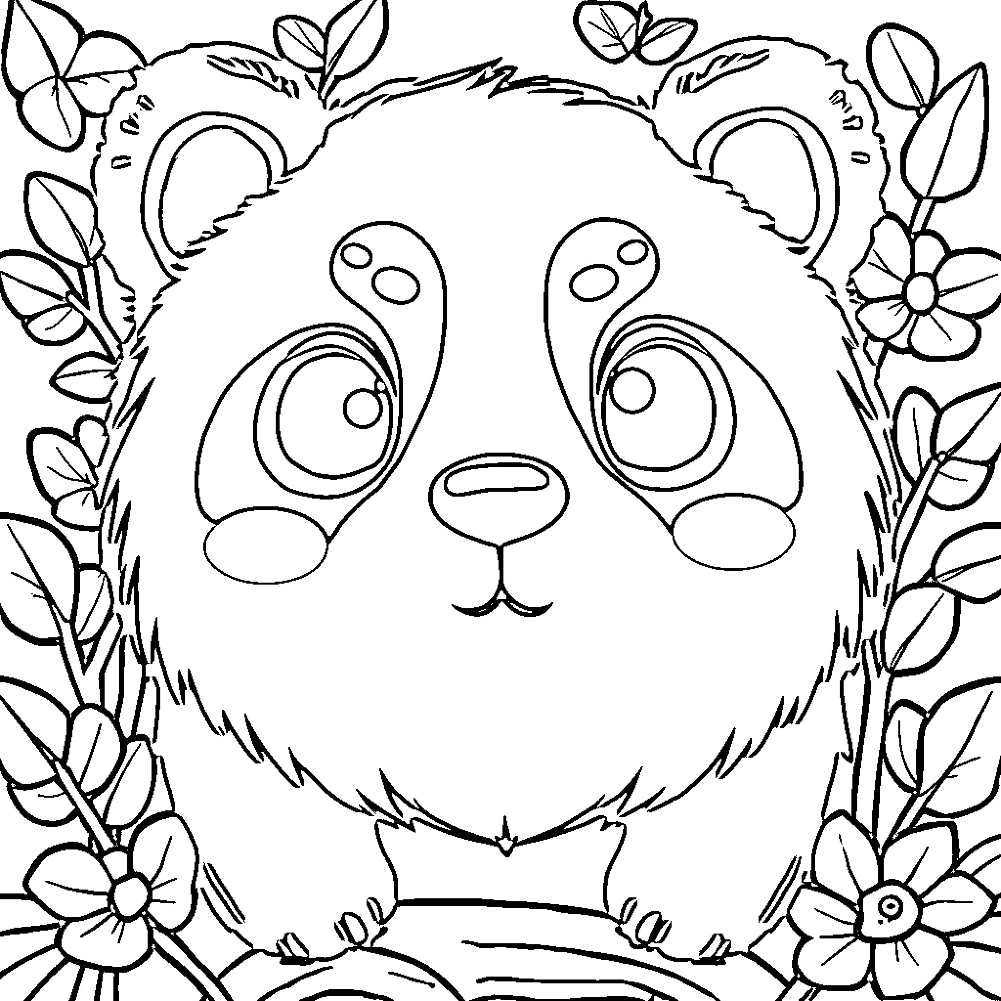 Panda surrounded by enchanting flora Coloring Page (free black-and-white line drawing printable PDF for all, from beginners to advanced learners, including children, teens, adults, and seniors)