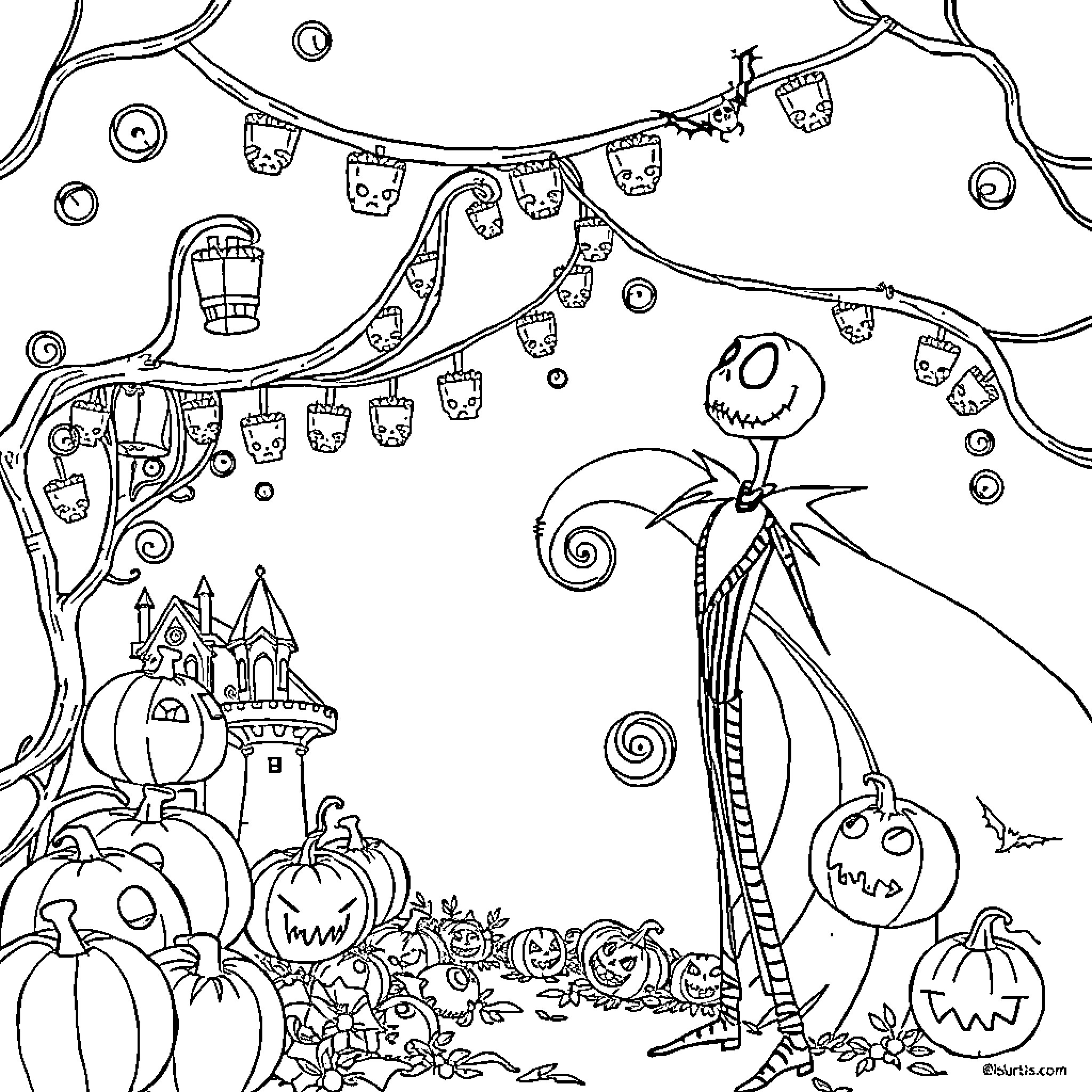 Nightmare Before Christmas: Eerie Autumn Festivities Coloring Page (free black-and-white line drawing printable PDF for all, from beginners to advanced learners, including children, teens, adults, and seniors)