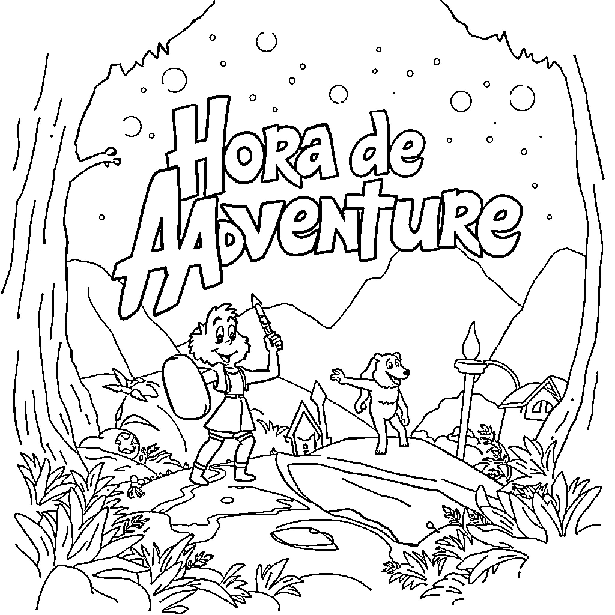 Adventure Time Exploring the Great Outdoors Coloring Page (free black-and-white line drawing printable PDF for all, from beginners to advanced learners, including children, teens, adults, and seniors)