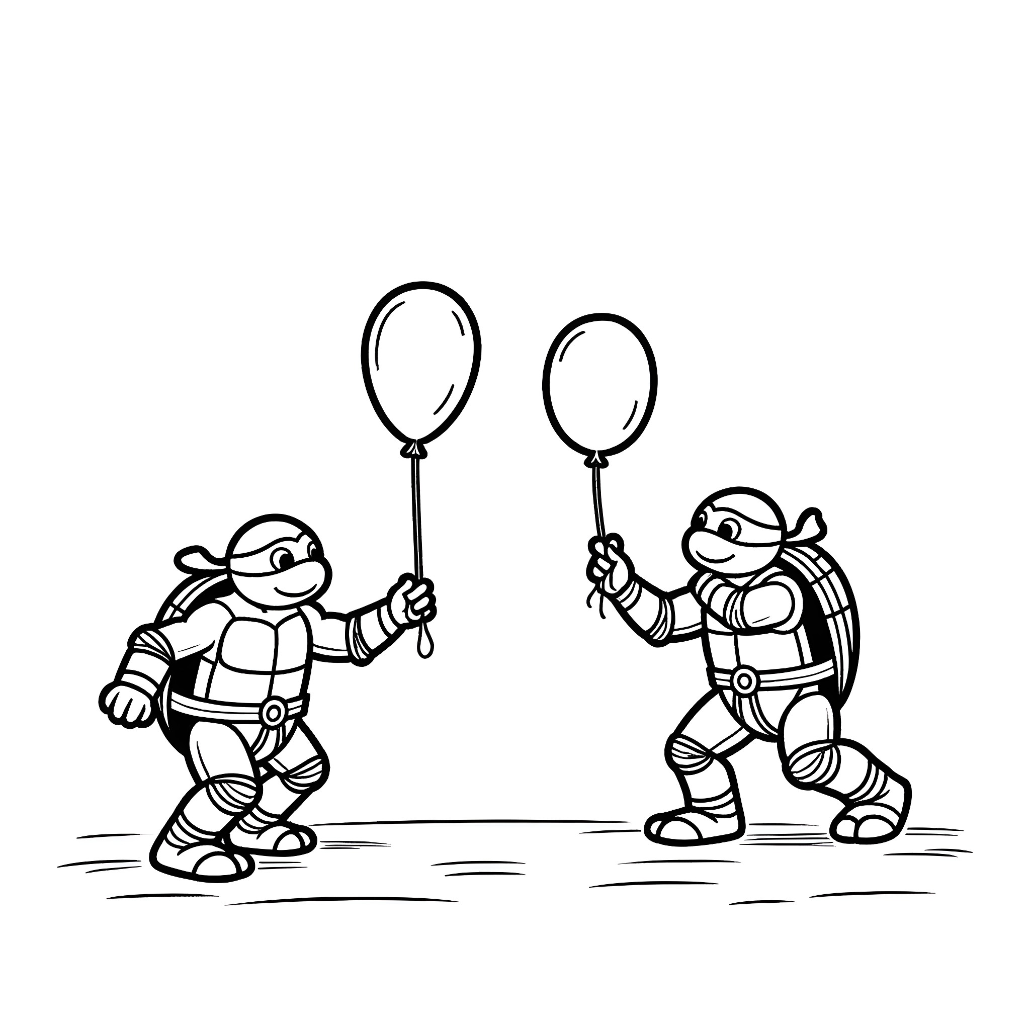 Ninja Turtle Duo Playing with Magnifying Glasses Coloring Page (free black-and-white line drawing printable PDF for all, from beginners to advanced learners, including children, teens, adults, and seniors)