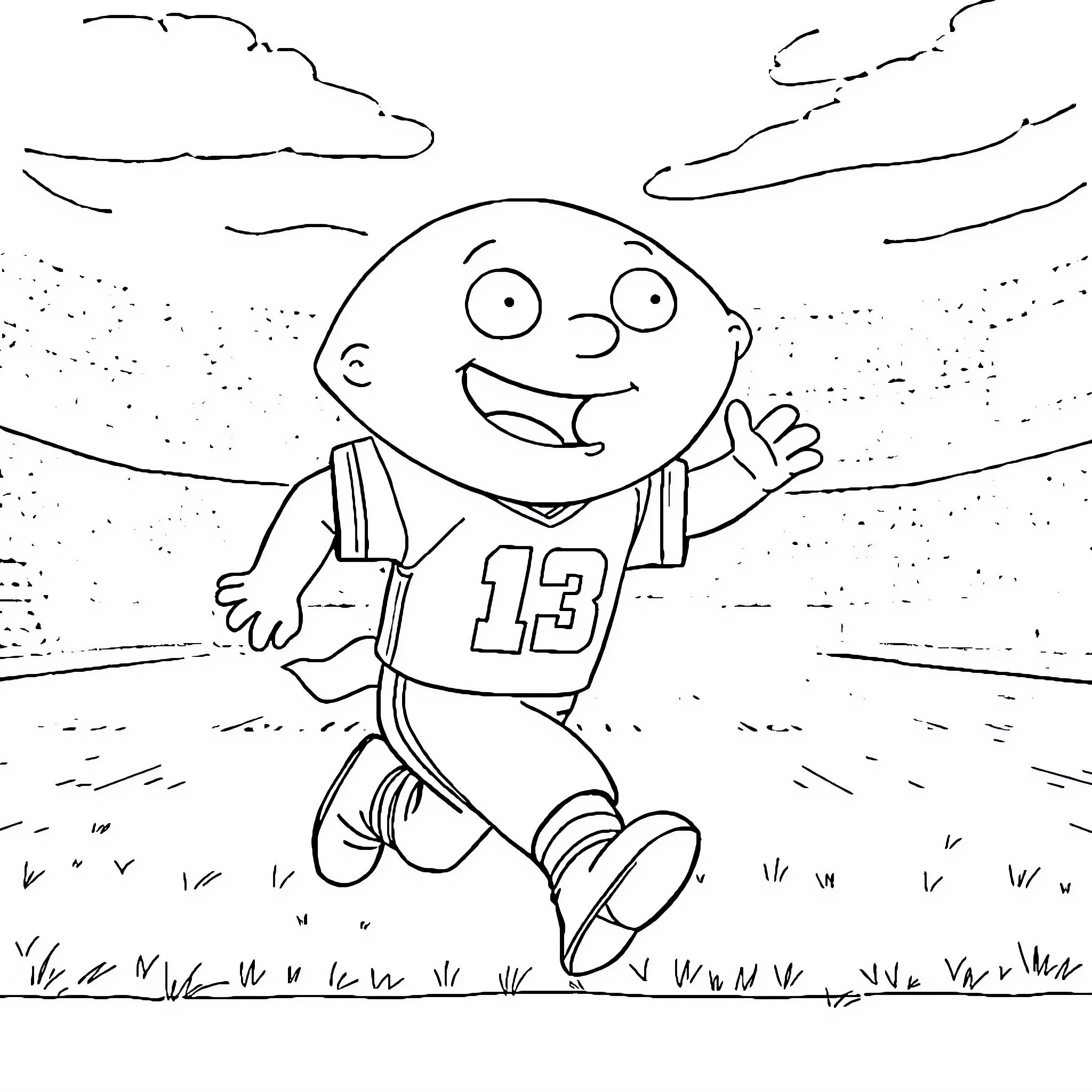 Stewie Griffin in a playful outdoor scene Coloring Page (free black-and-white line drawing printable PDF for all, from beginners to advanced learners, including children, teens, adults, and seniors)