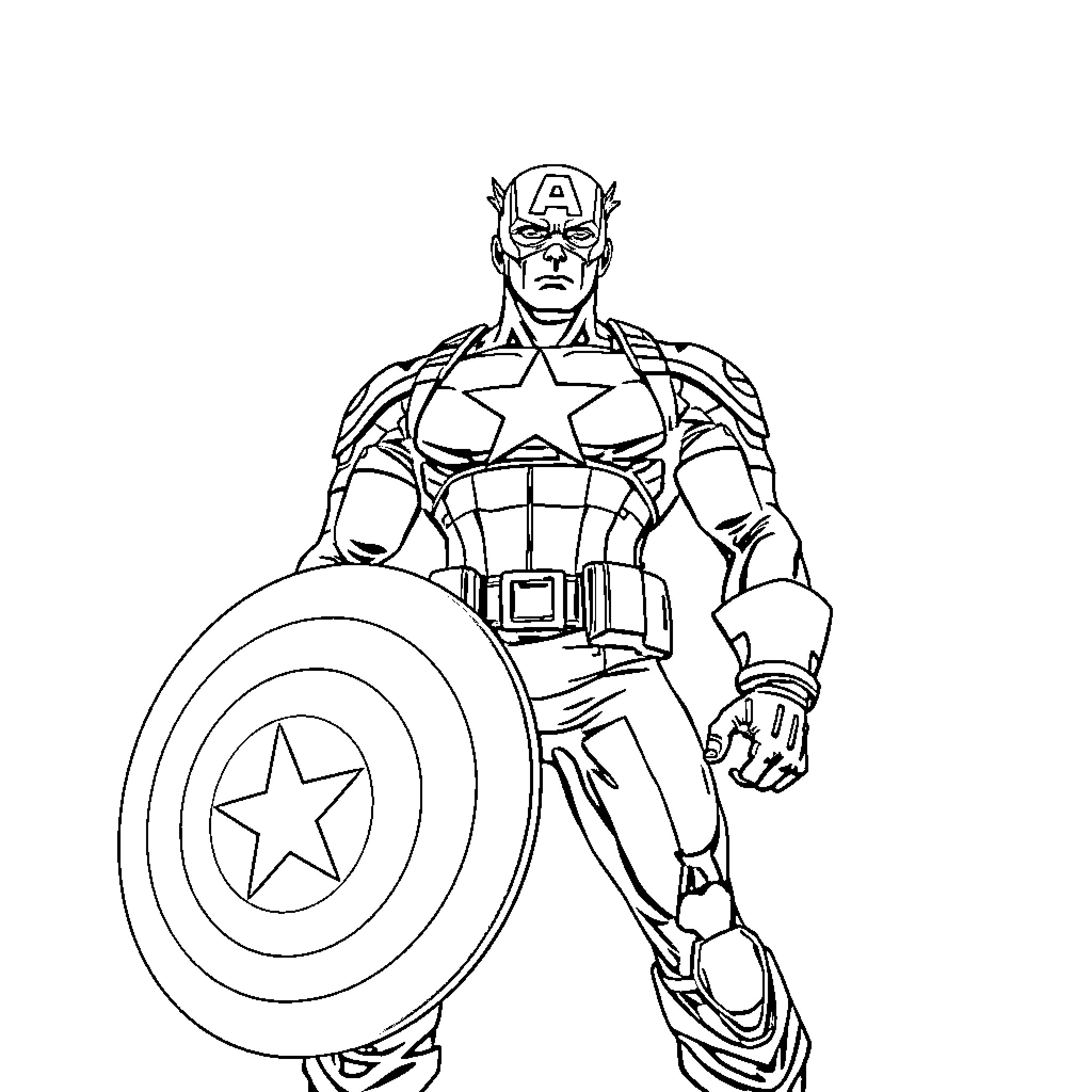 Captain America heroic stance with shield Coloring Page (free black-and-white line drawing printable PDF for all, from beginners to advanced learners, including children, teens, adults, and seniors)