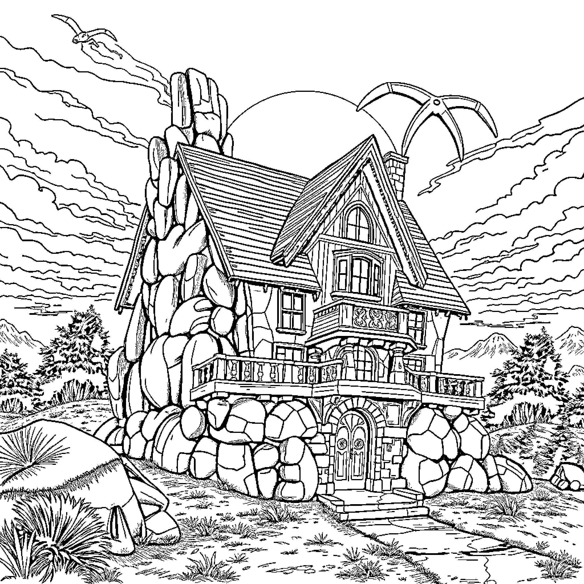 Casa built within a massive rocky cliffside landscape Coloring Page (free black-and-white line drawing printable PDF for all, from beginners to advanced learners, including children, teens, adults, and seniors)