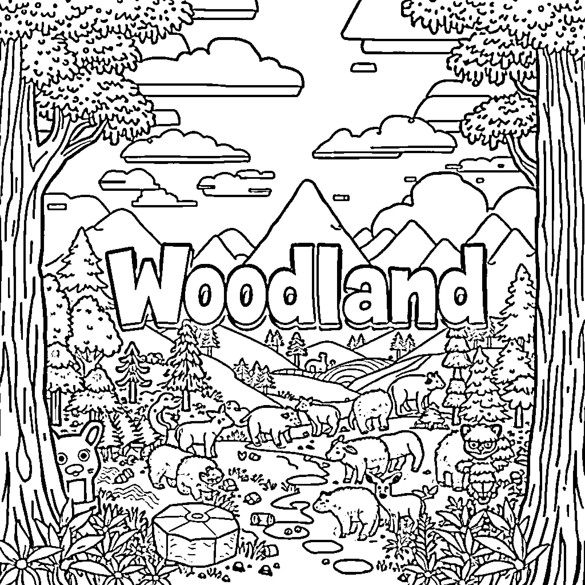 Animal Woodland Landscape with Trees and Wildlife Coloring Page (free black-and-white line drawing printable PDF for all, from beginners to advanced learners, including children, teens, adults, and seniors)
