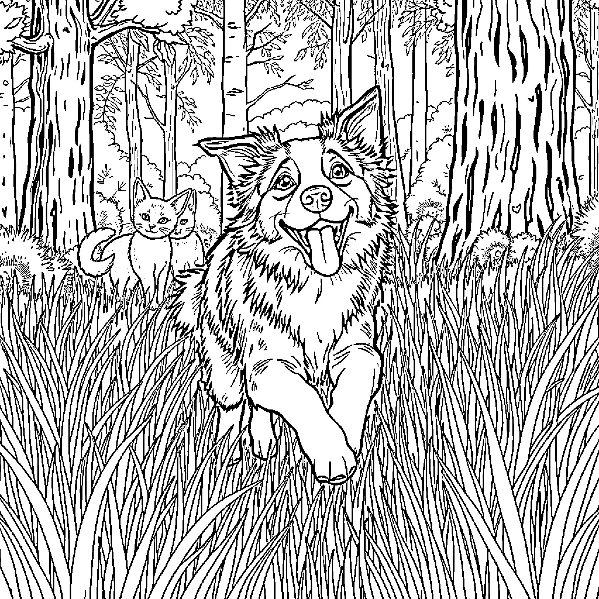 Border Collie playing happily in a forest scene Coloring Page (free black-and-white line drawing printable PDF for all, from beginners to advanced learners, including children, teens, adults, and seniors)